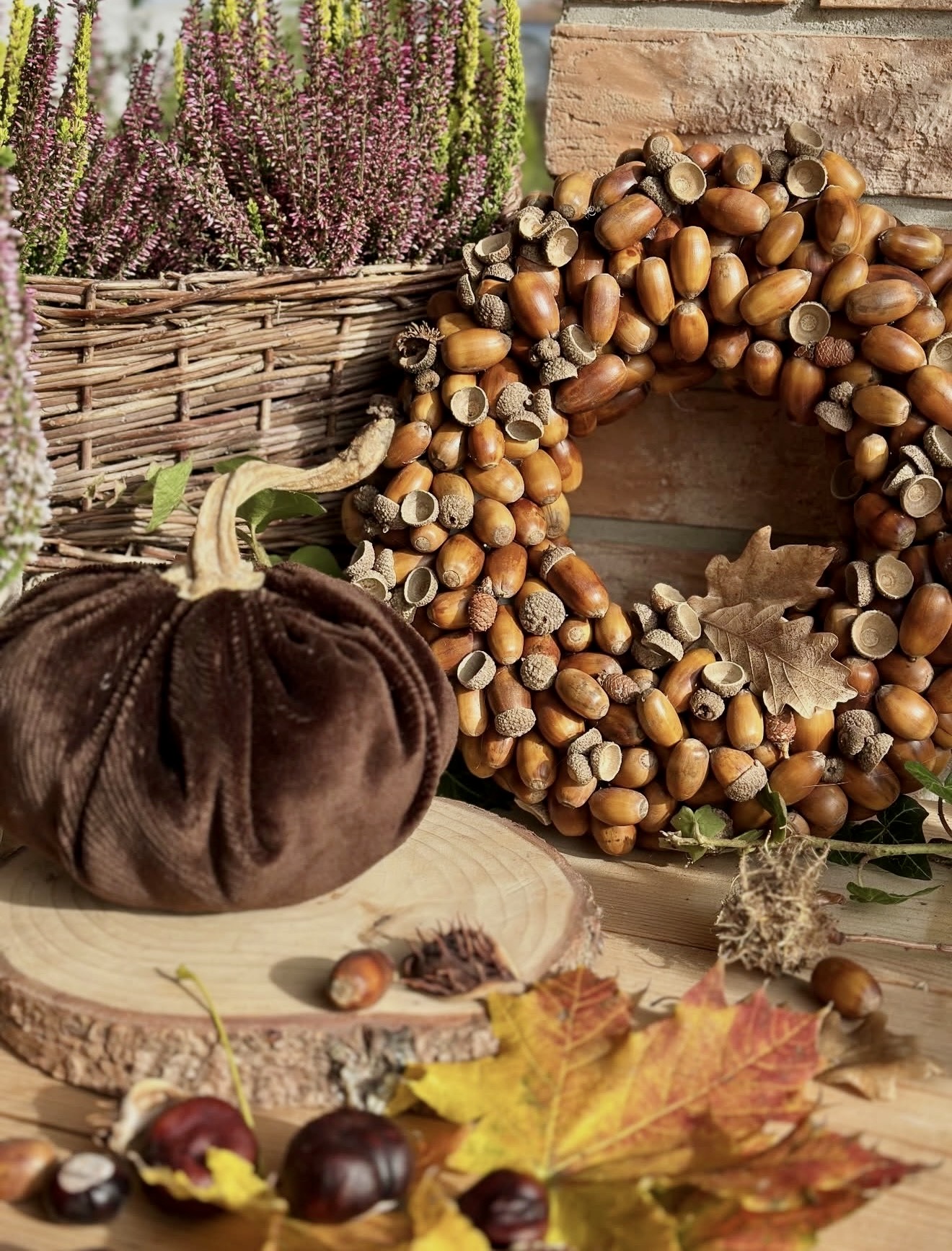 DIY Acorn Wreath With Velvet Pumpkin Accent