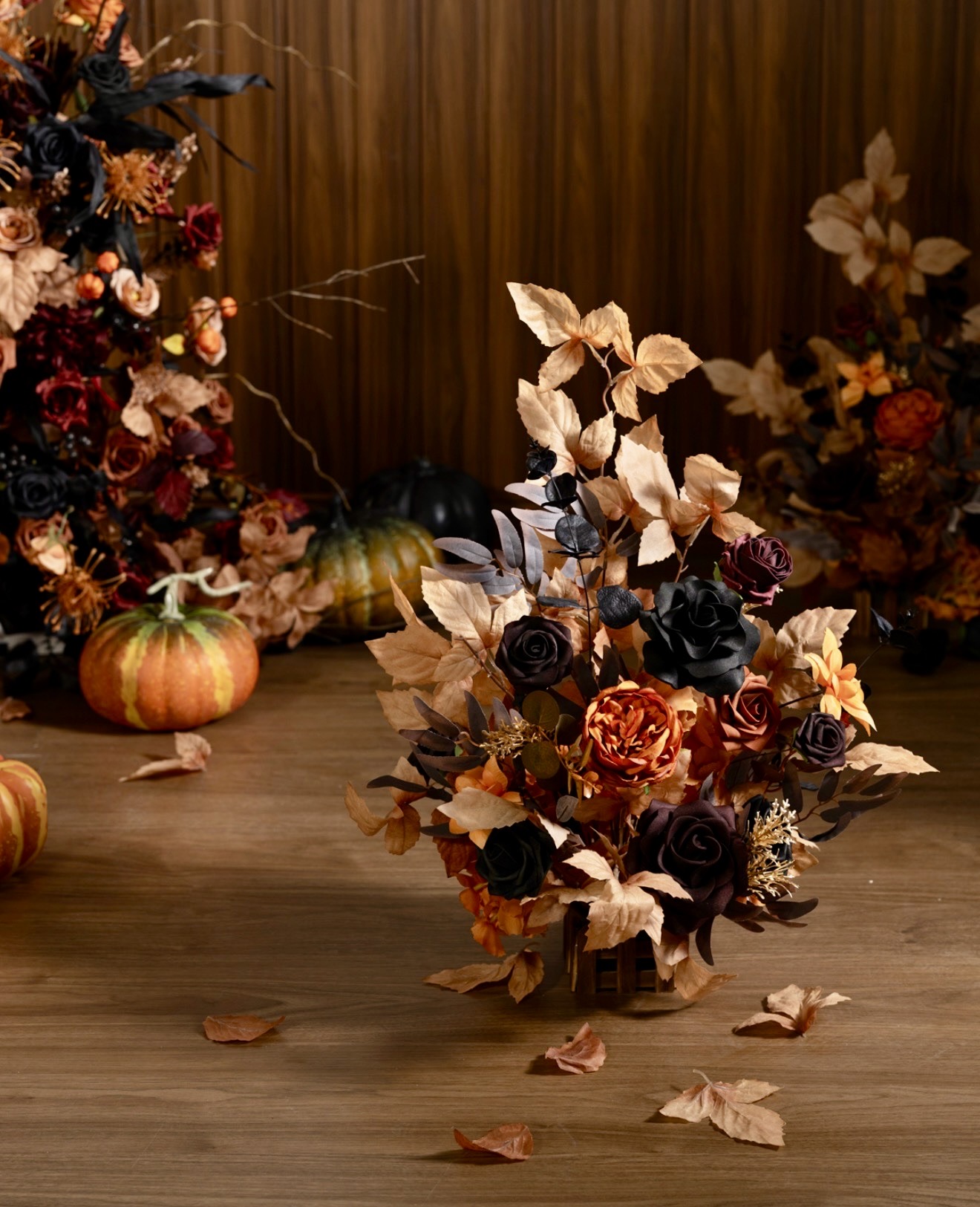 Dramatic Dark Floral and Pumpkin Centerpiece