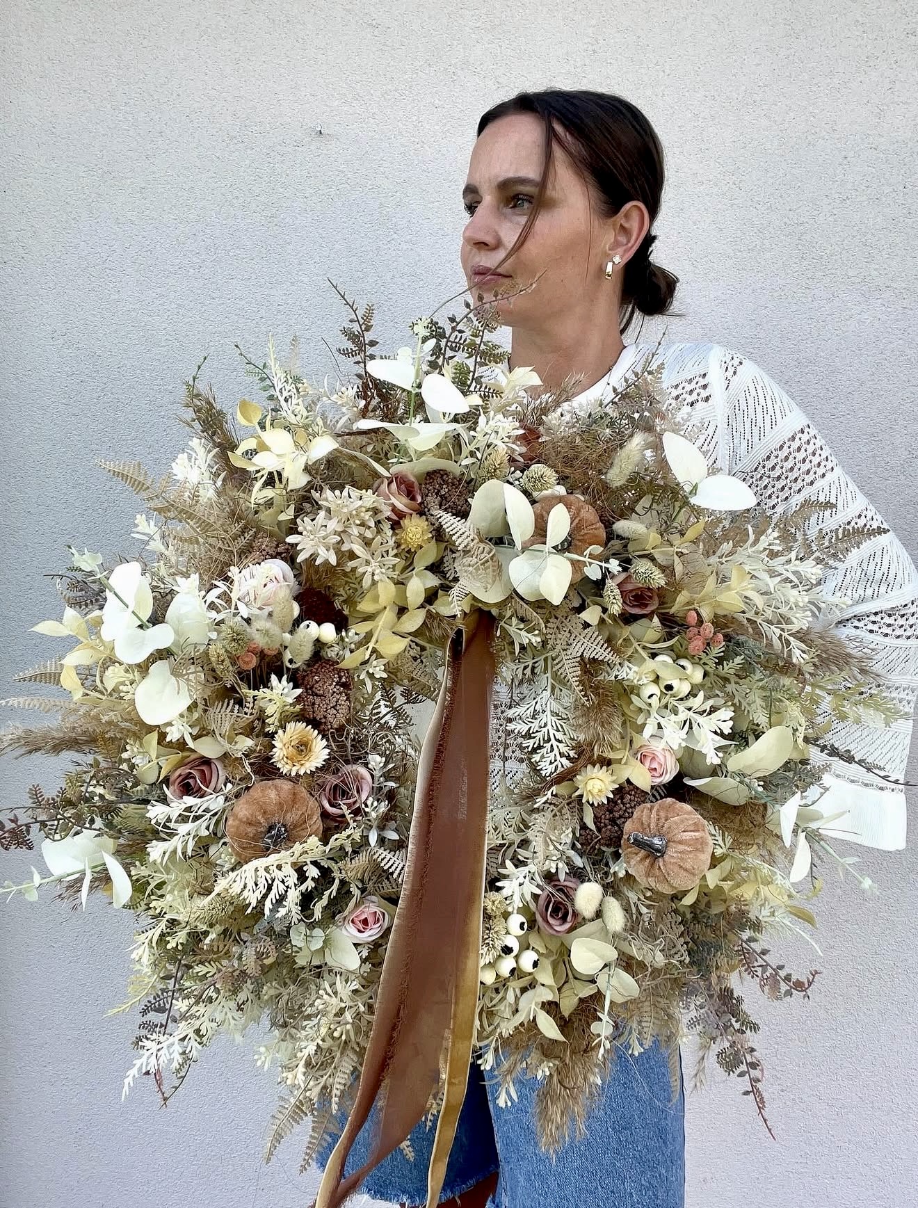 Dried Floral & Velvet Pumpkin Fall Wreath