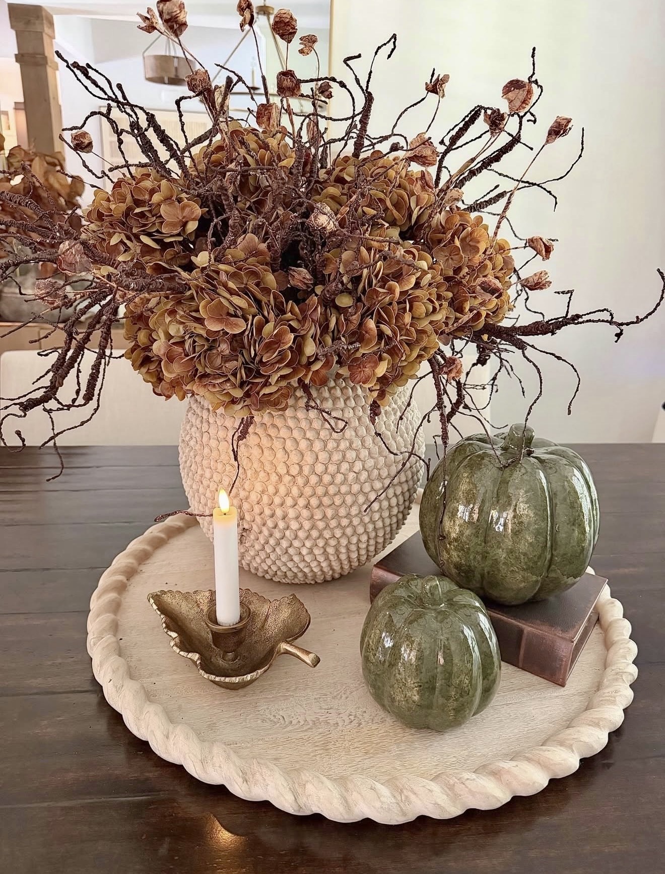 Earthy Hydrangea And Twig Fall Centerpiece