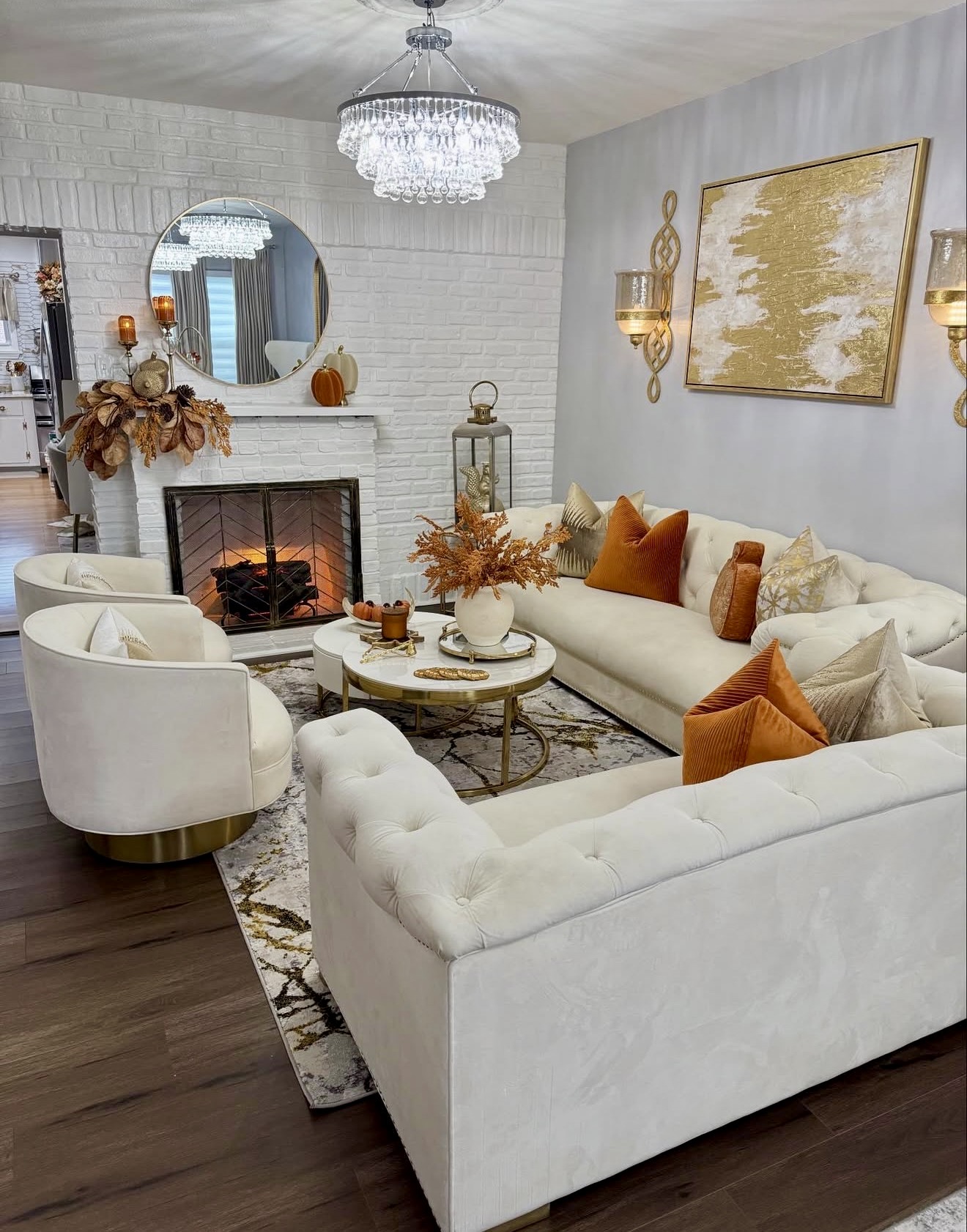 Elegant Cream Sectional With Warm Autumn Accents
