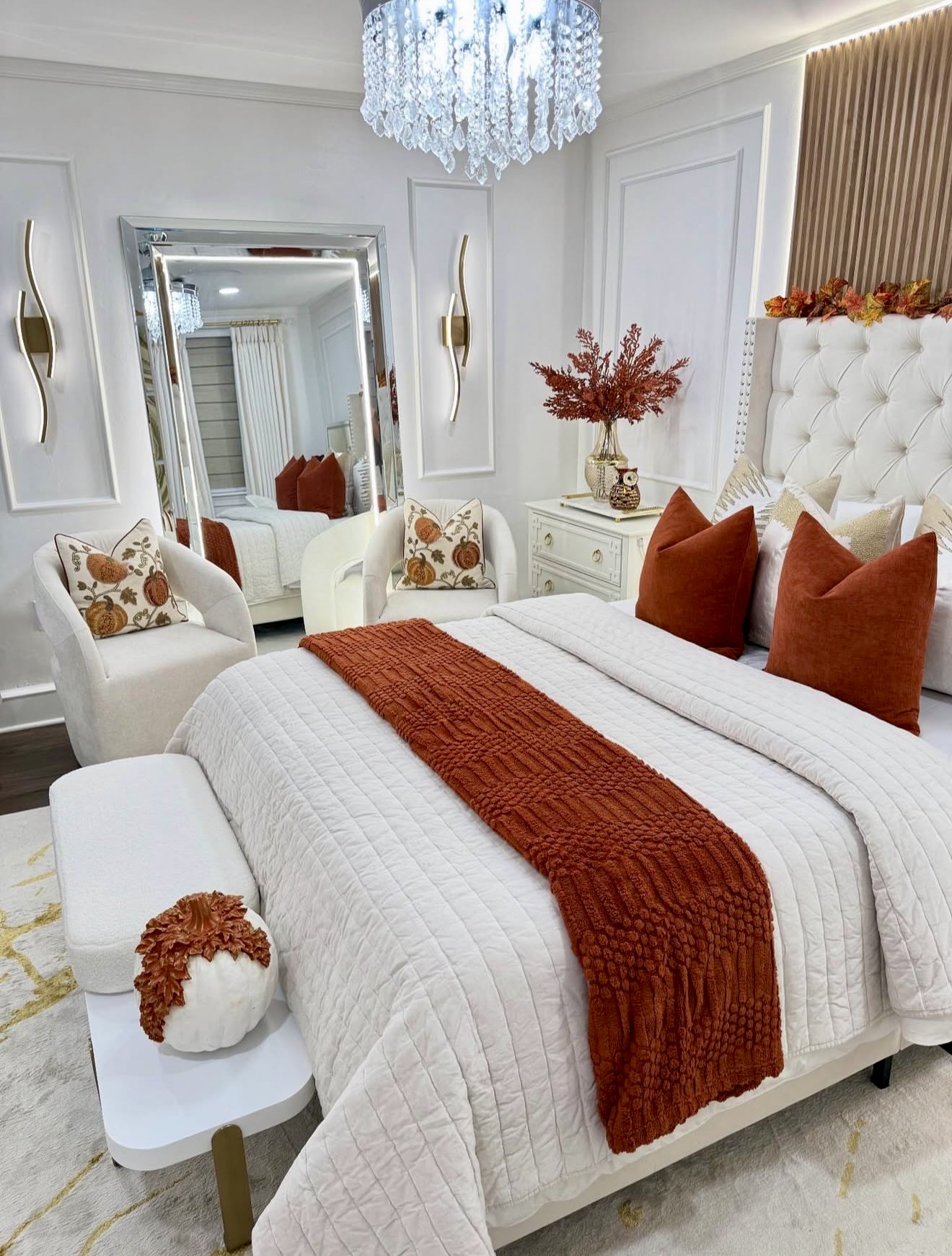 Elegant Fall Bedroom with Pumpkin Accents