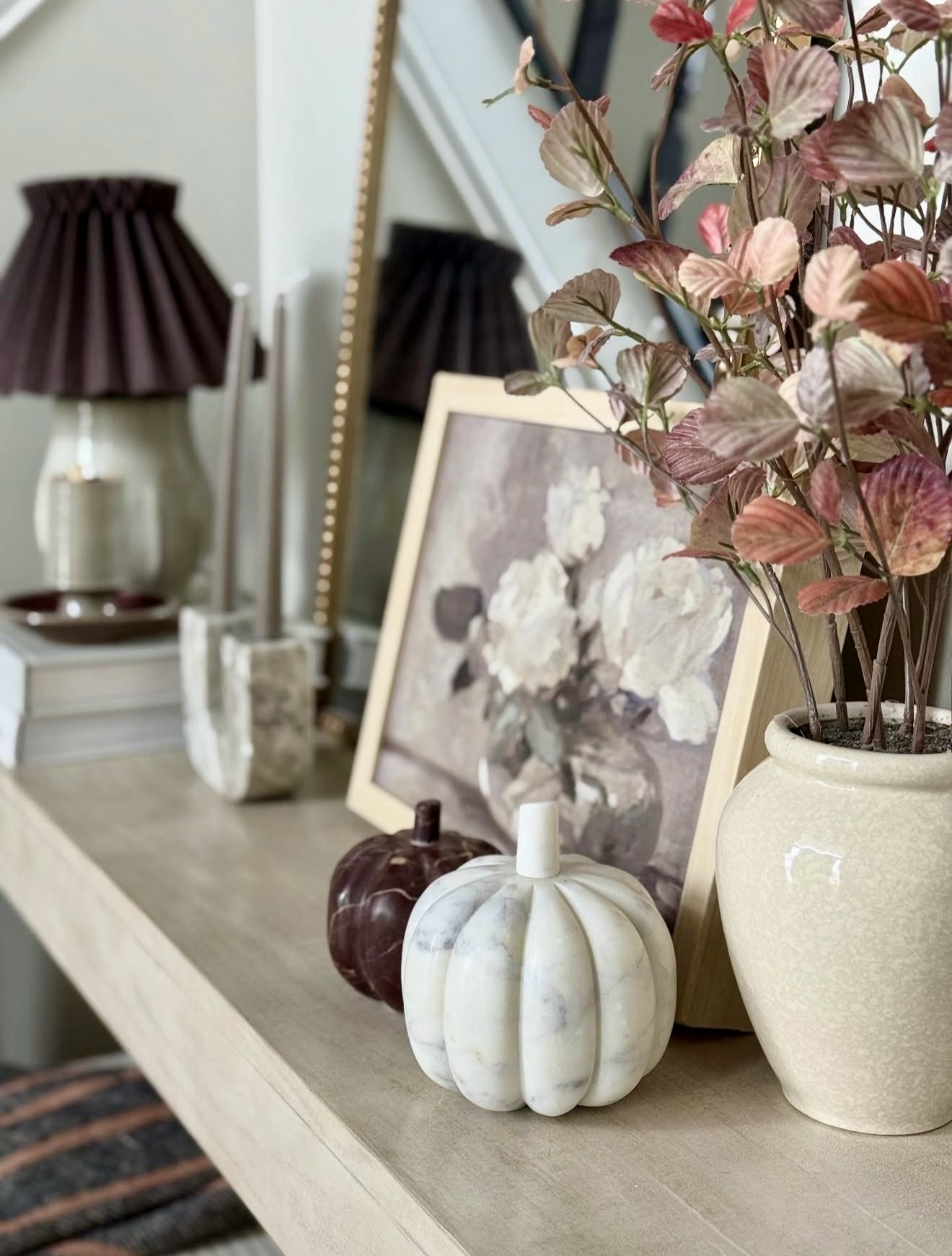 Elegant Fall Mantel With Marble Pumpkins