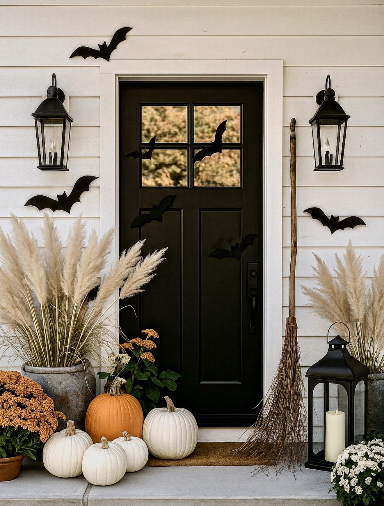 Elegant Halloween Porch With Black Bats And Pampas Grass