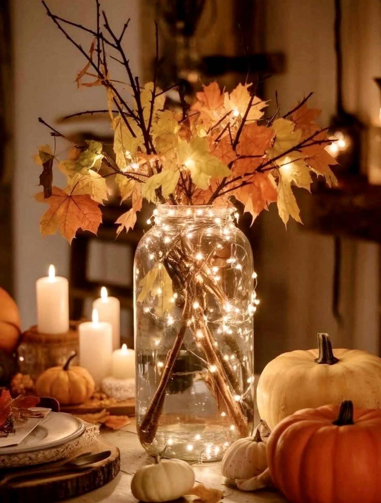 Enchanting Fall Tablescape with Twinkling Lights