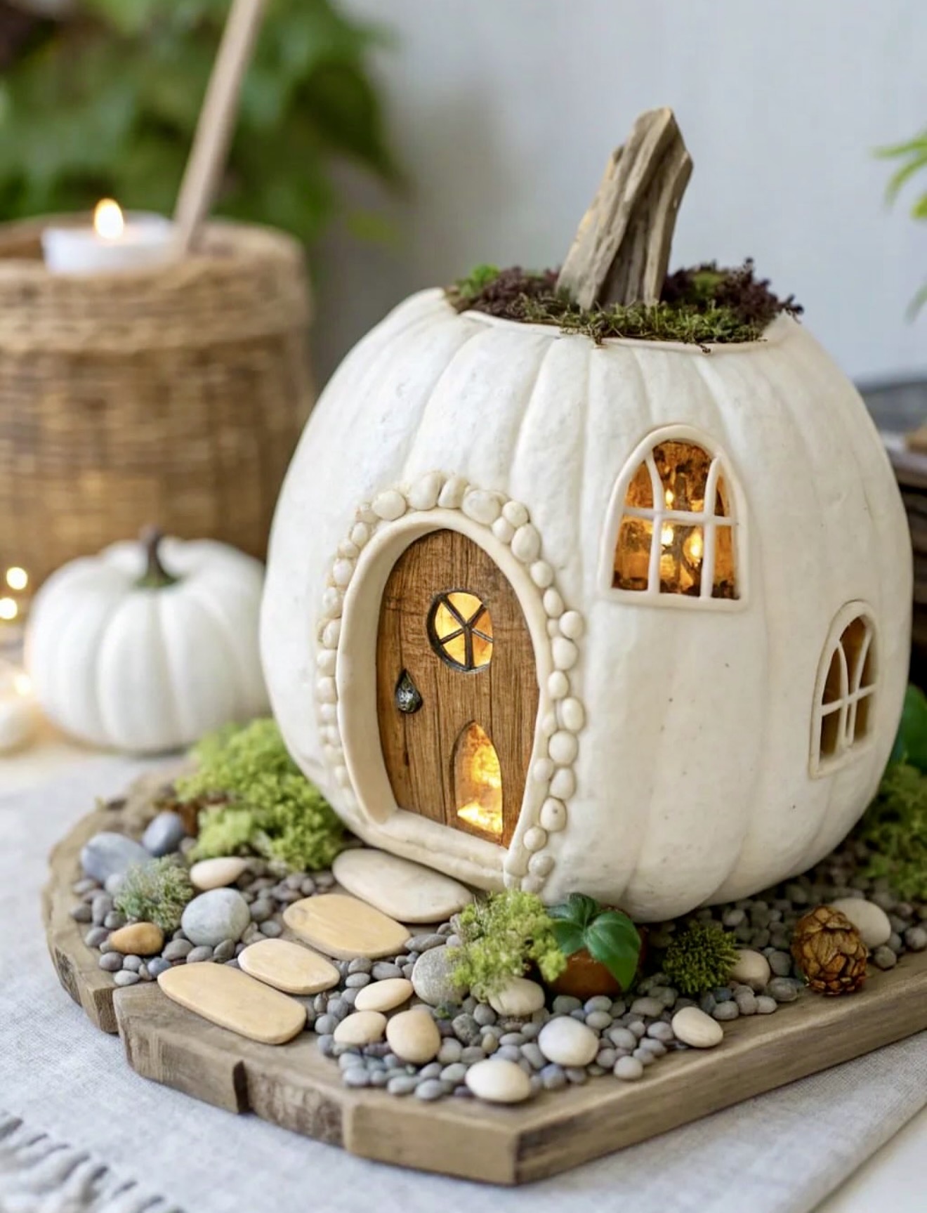 Enchanting White Pumpkin Fairy House Vignette