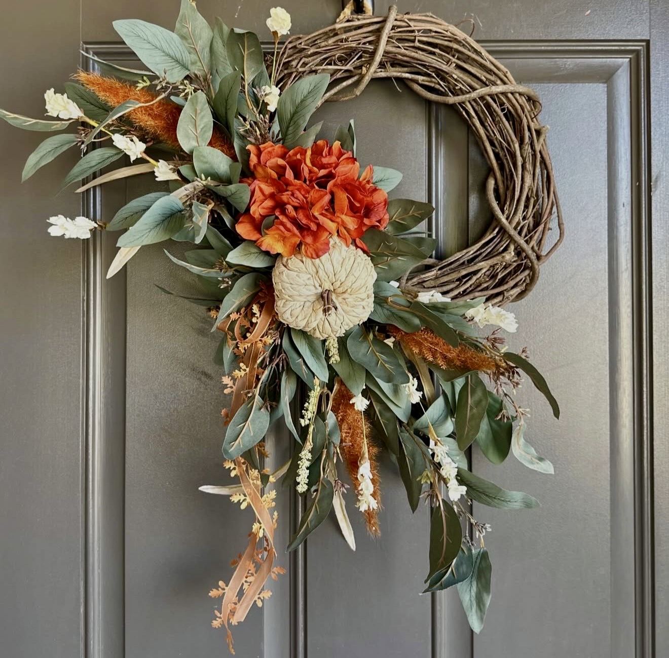 Farmhouse Fall Wreath With Pumpkin and Hydrangeas