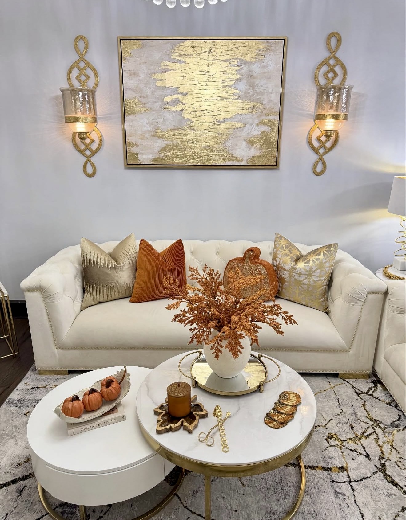 Glamorous Gold and White Fall Living Room