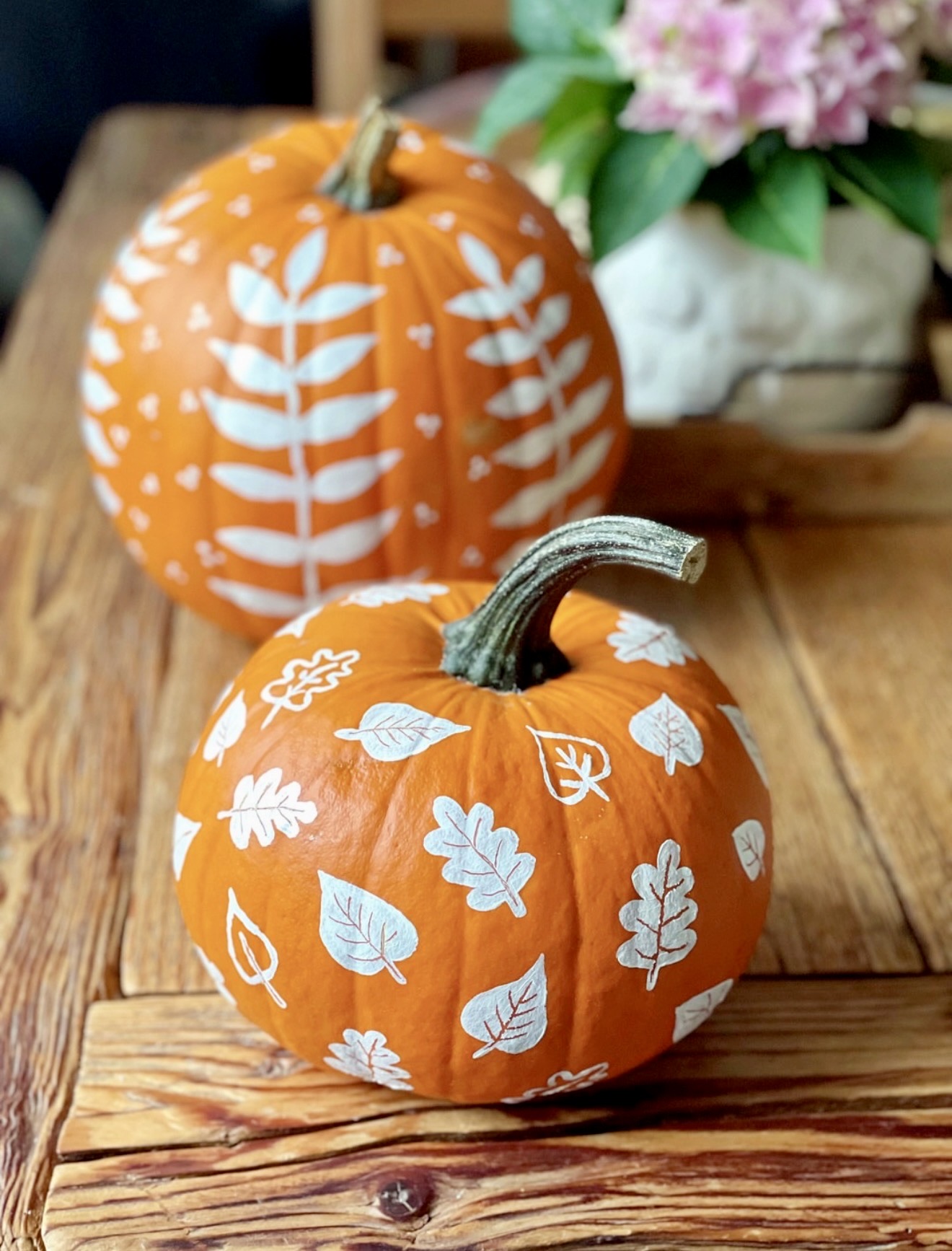 Hand-Painted Autumnal Pumpkins With Leaf Motifs