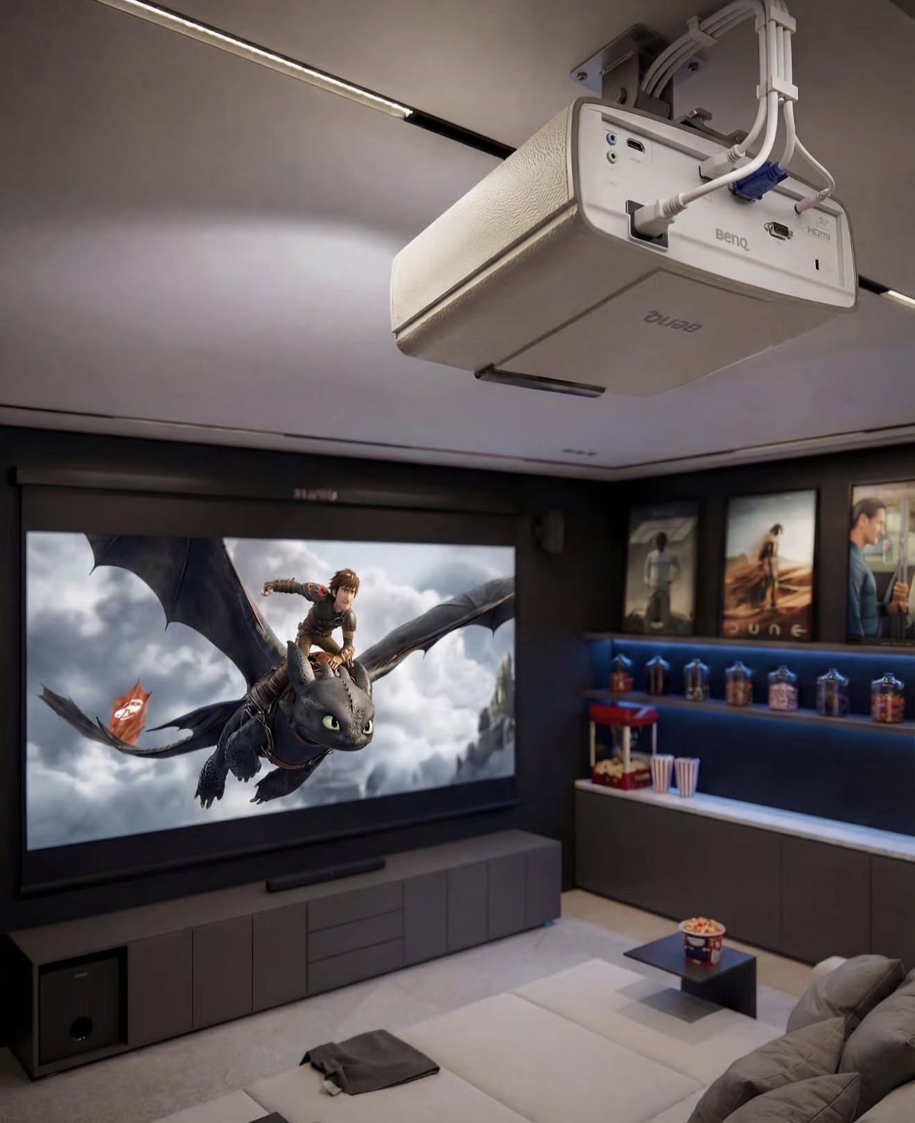 Modern Cinematic Home Theatre With Floating Shelving