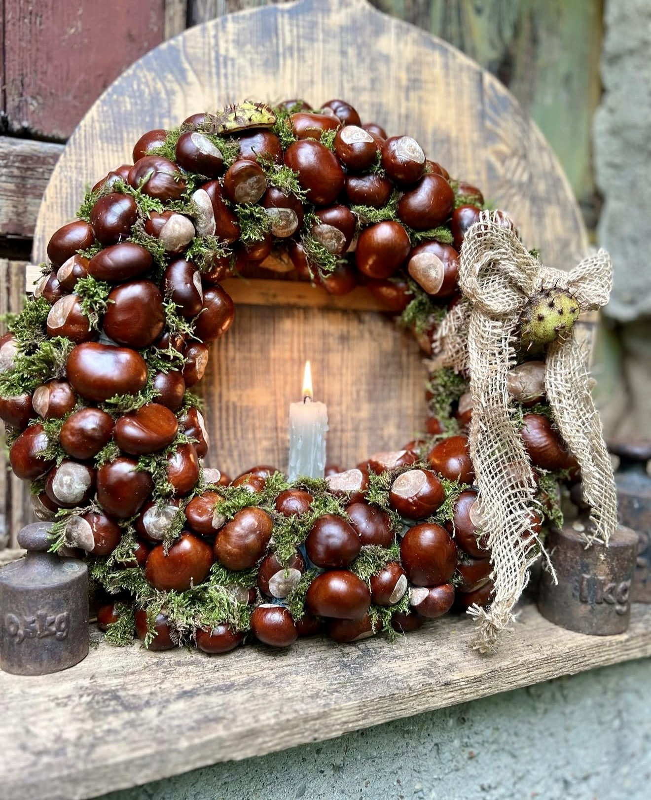 Natural Chestnut and Moss Autumn Wreath