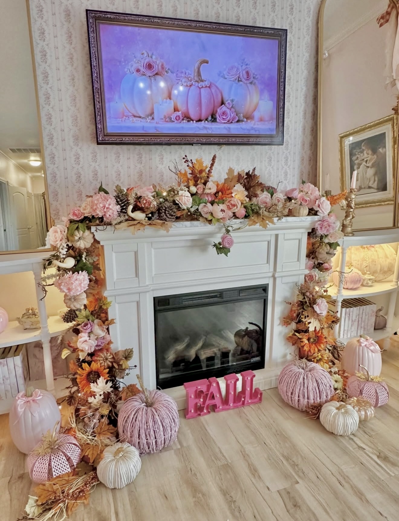 Pastel Pink Fall Pumpkin Fireplace Decor