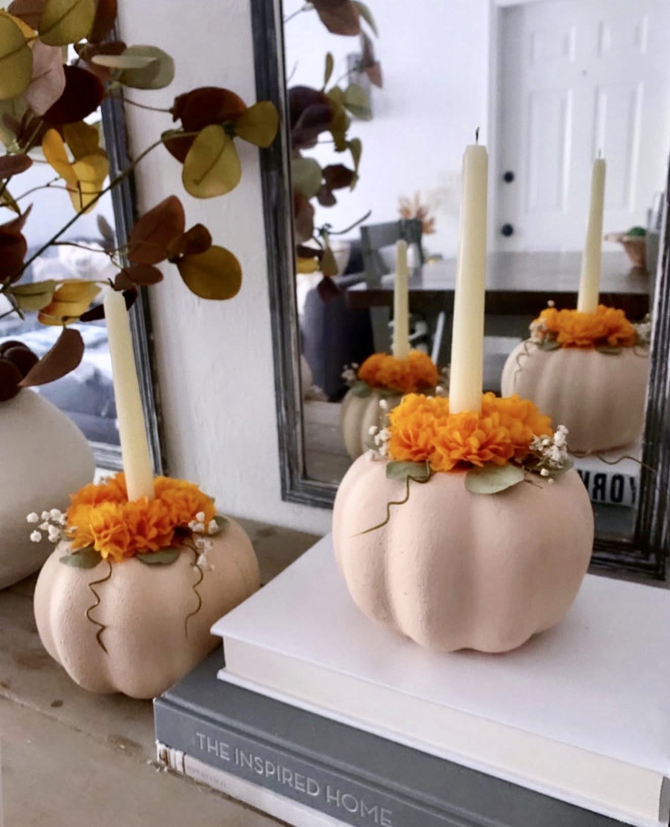Pastel Pumpkin Candle Holders With Floral Accents