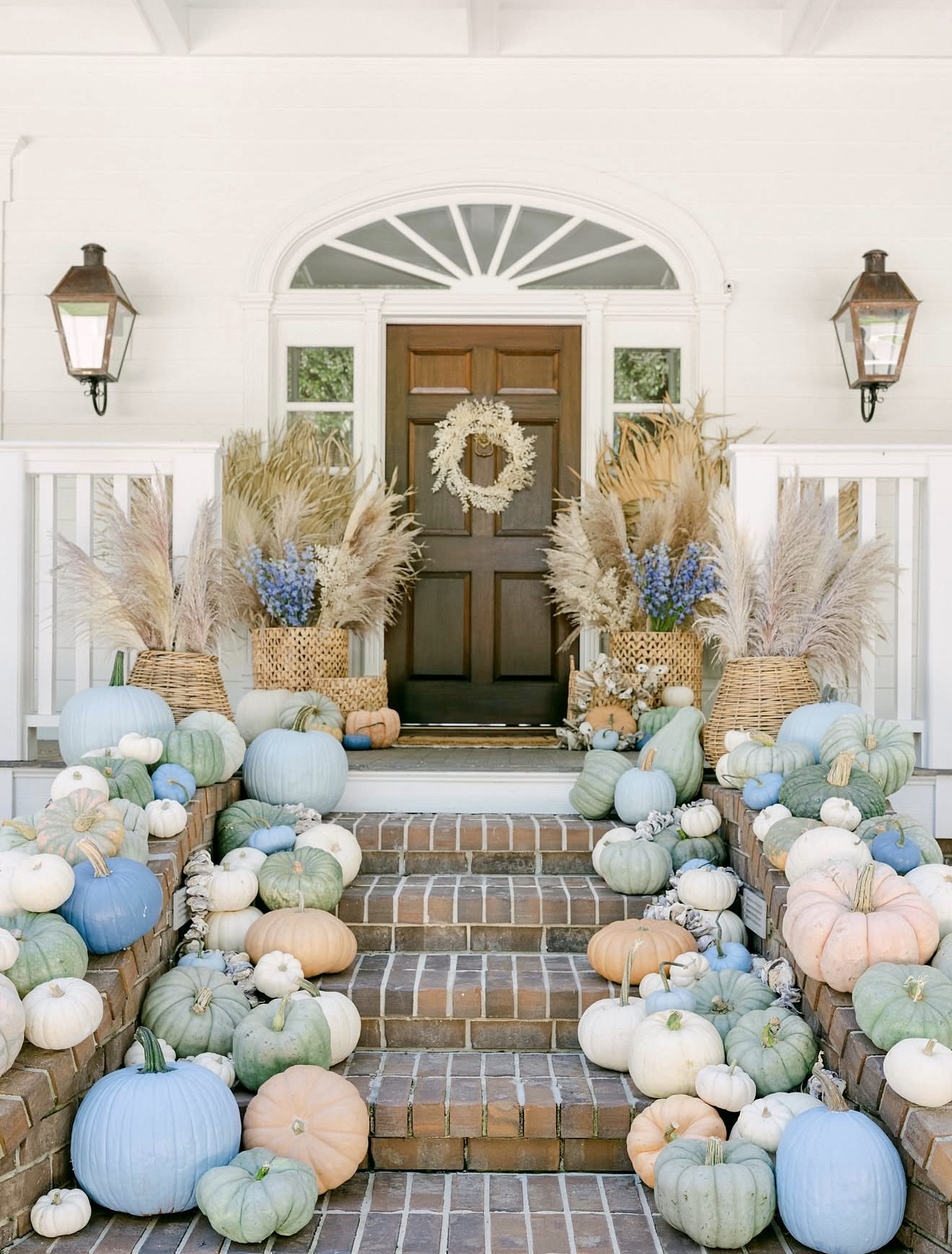 Pastel Pumpkins Adorn Charming Front Porch Steps
