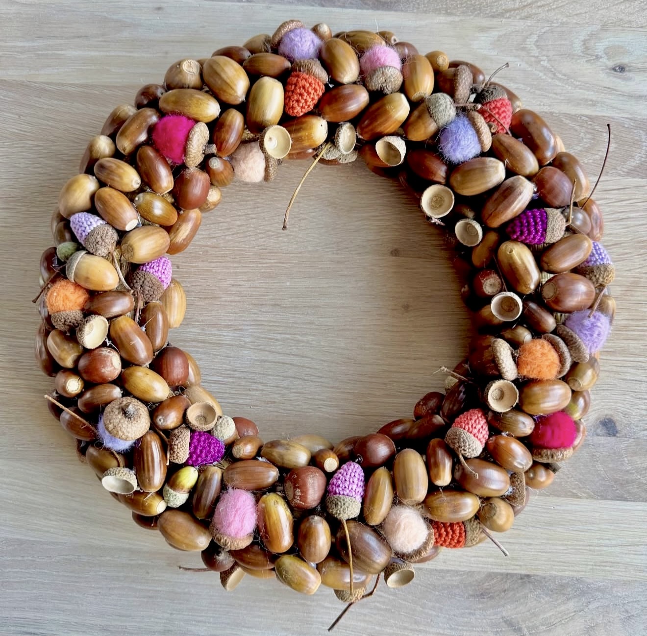 Rustic Acorn Wreath with Colorful Pom Accents