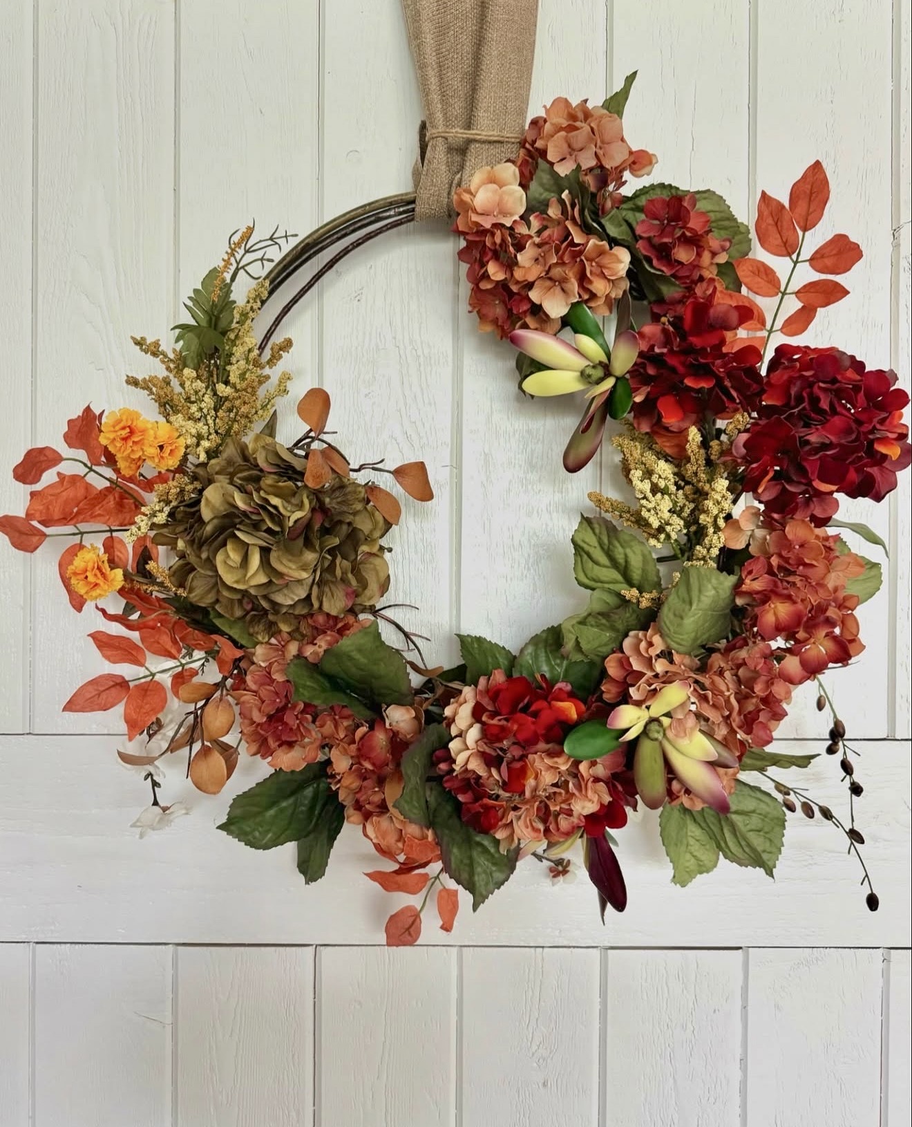 Rustic Autumn Hydrangea and Leaf Wreath