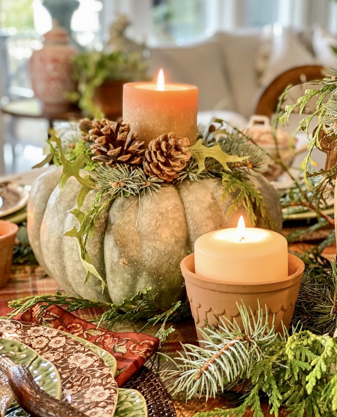 Rustic Autumn Pumpkin and Pinecone Candle Display