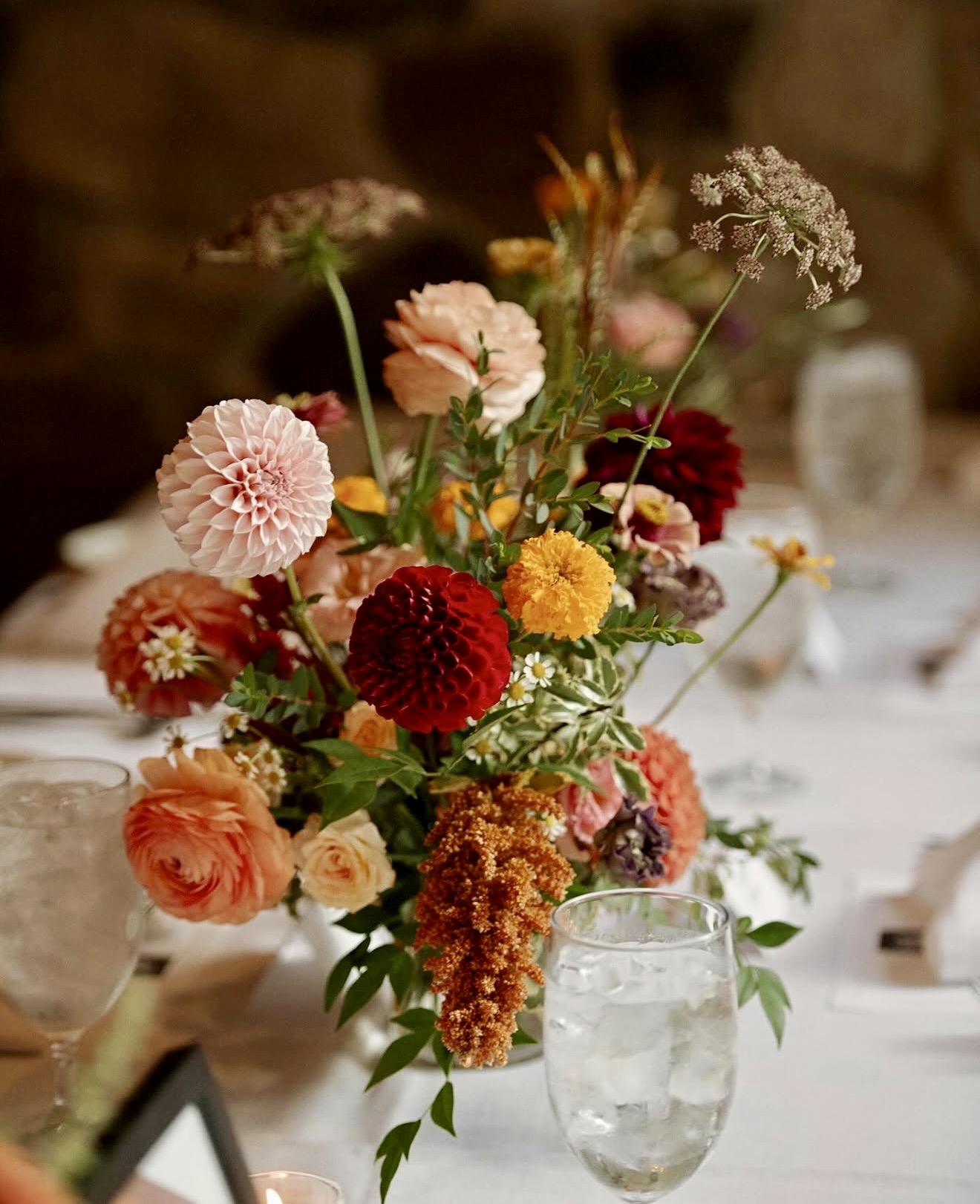 Rustic Fall Dahlia And Ranunculus Centerpiece