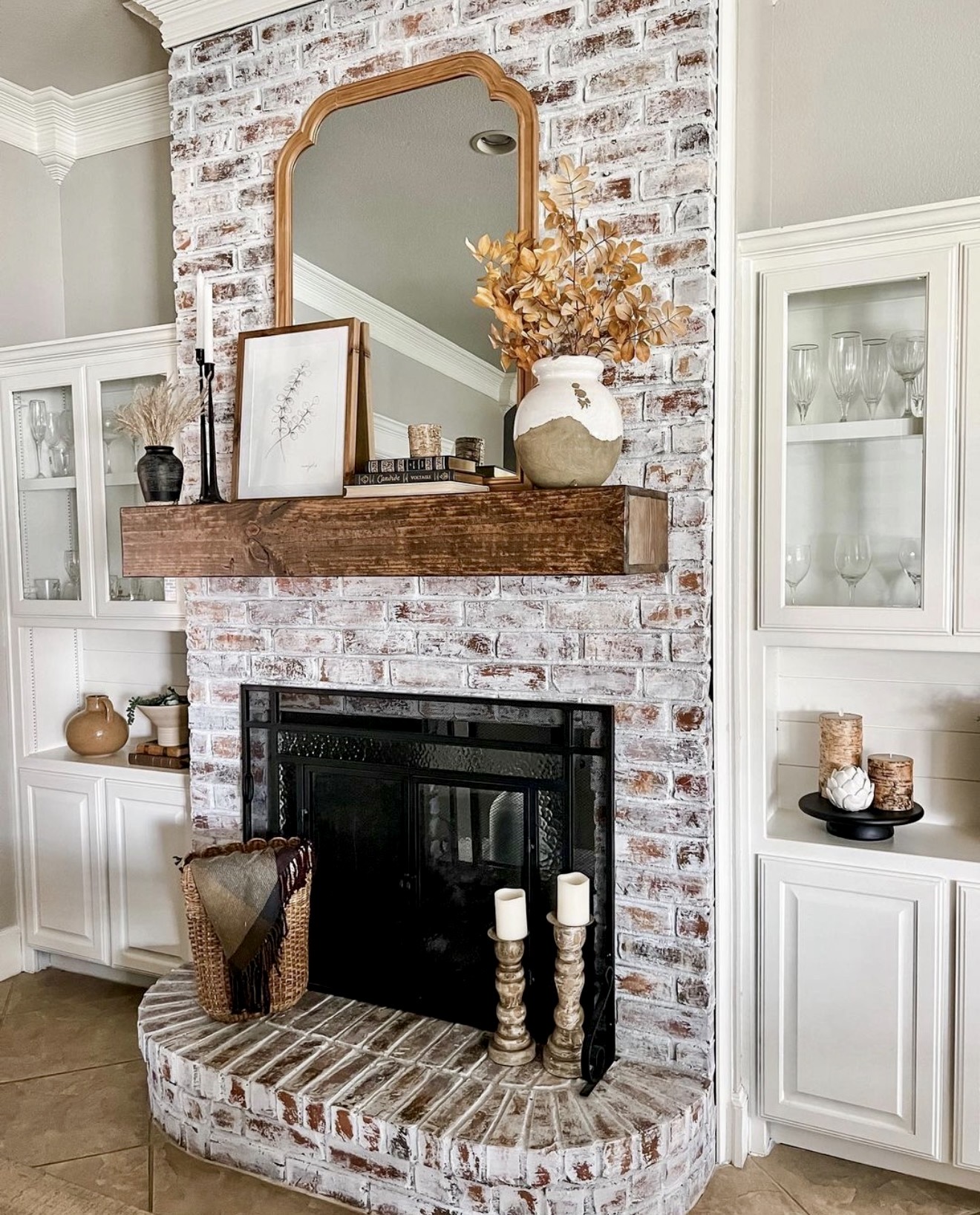 Rustic Fall Fireplace with Whitewashed Brick