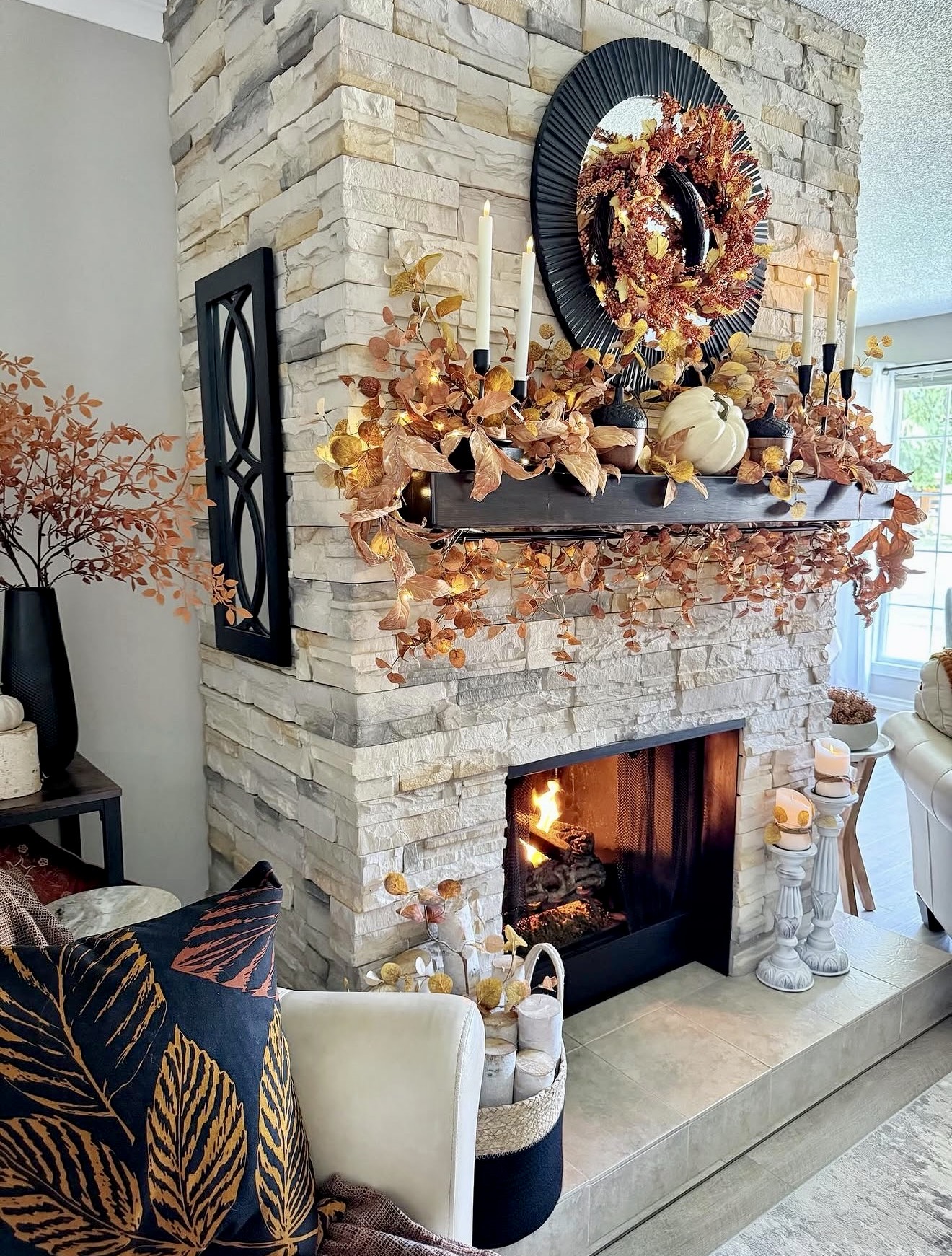Rustic Fall Foliage Mantle with Warm Amber Lights