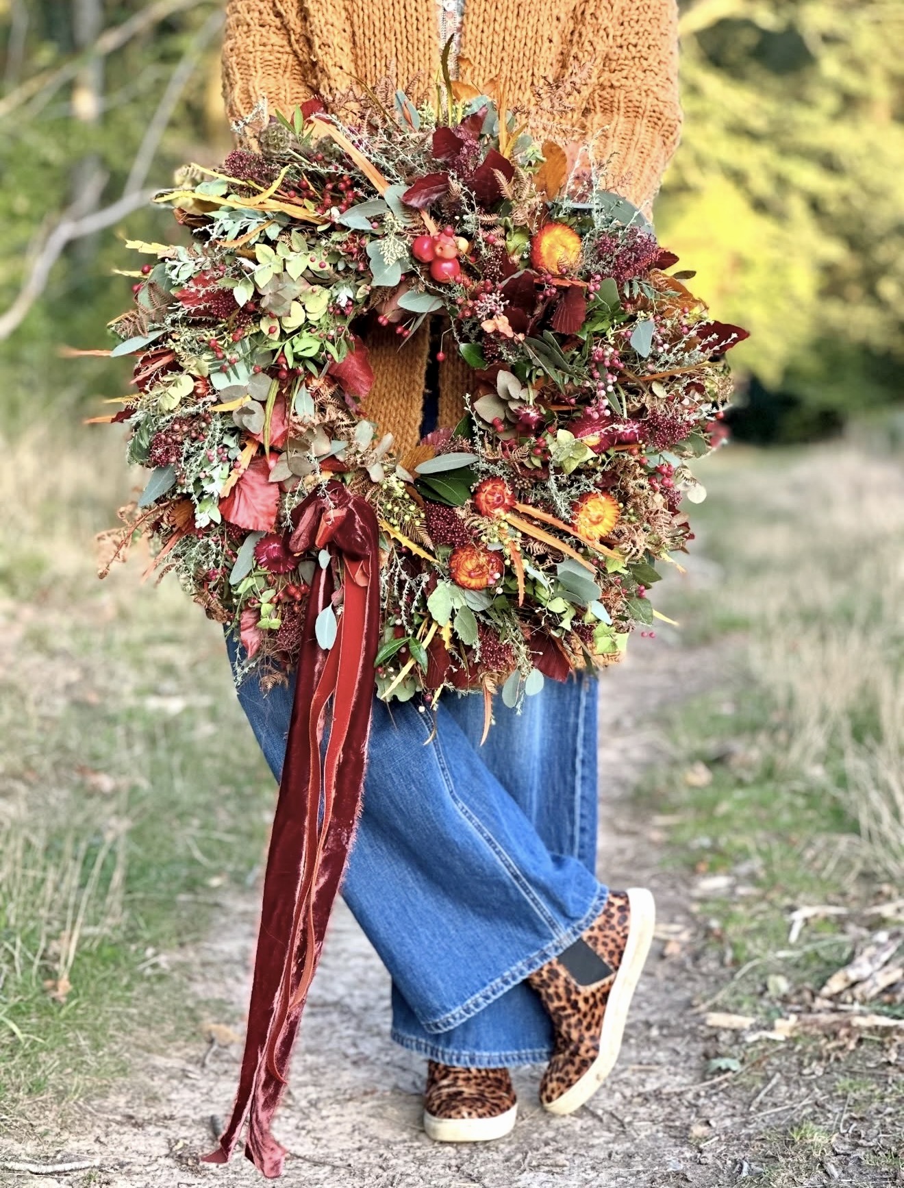 Rustic Fall Wreath With Velvet Ribbon