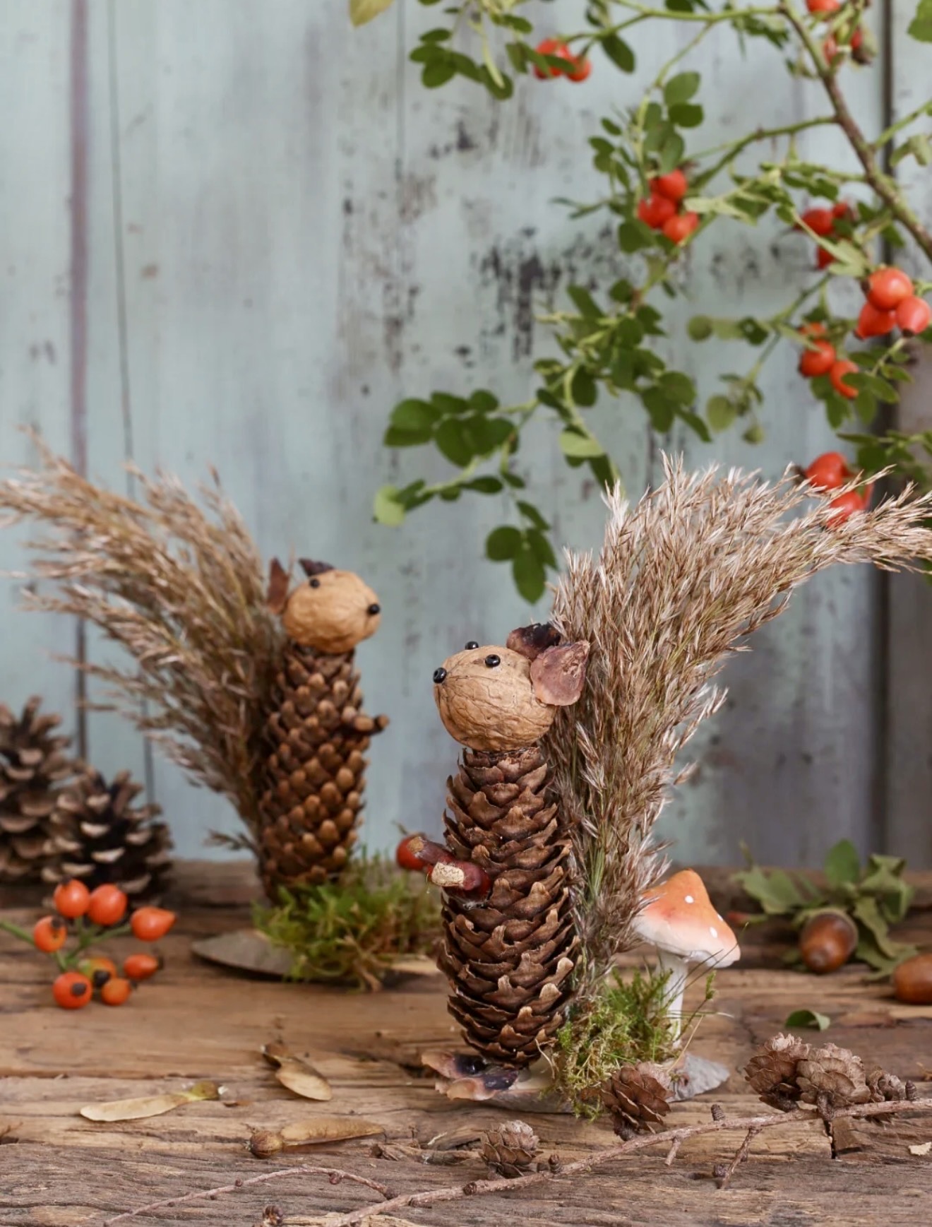 Rustic Pinecone Forest Critters with Dried Grass