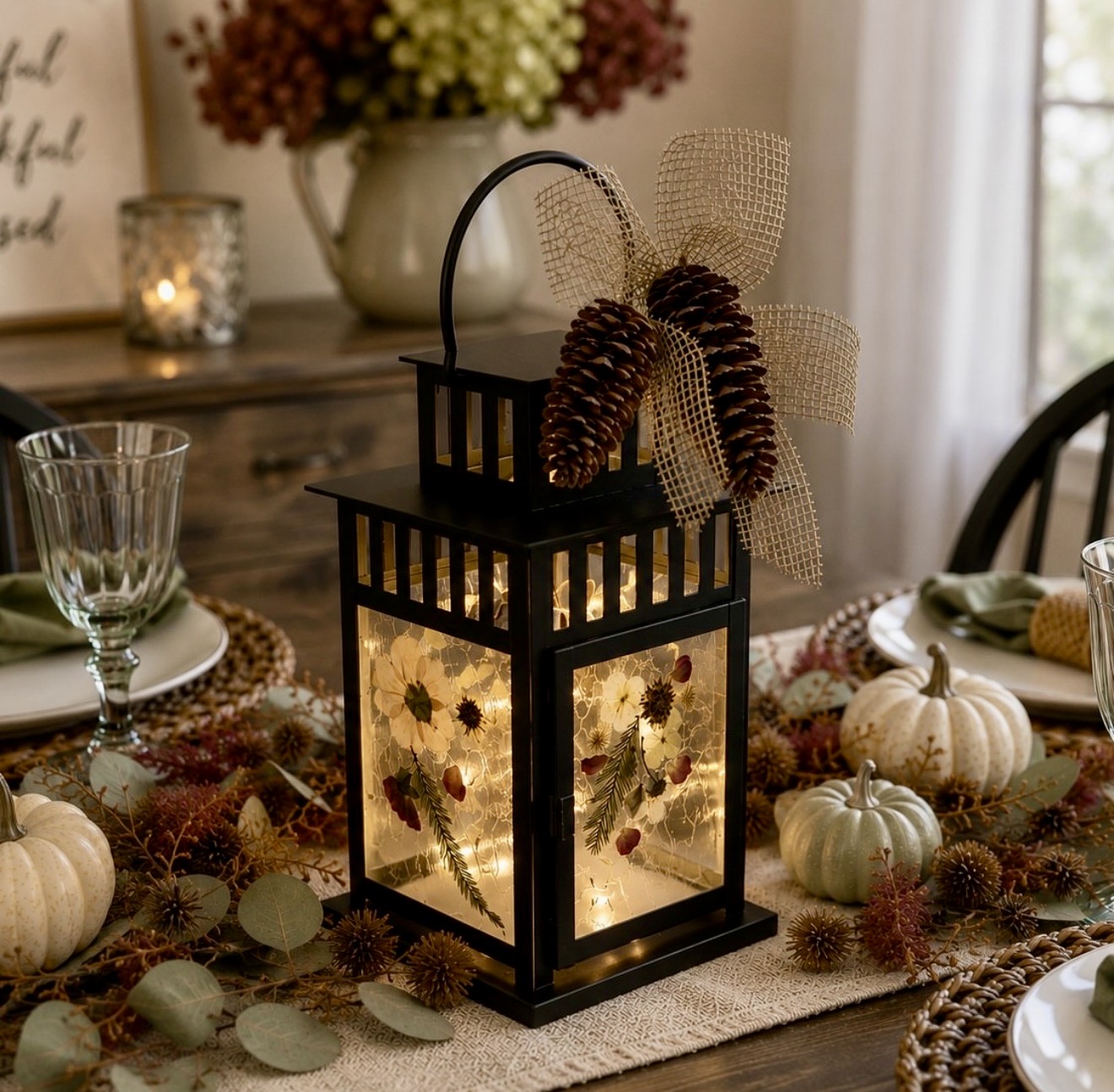 Rustic Pinecone Lantern With Dried Flowers