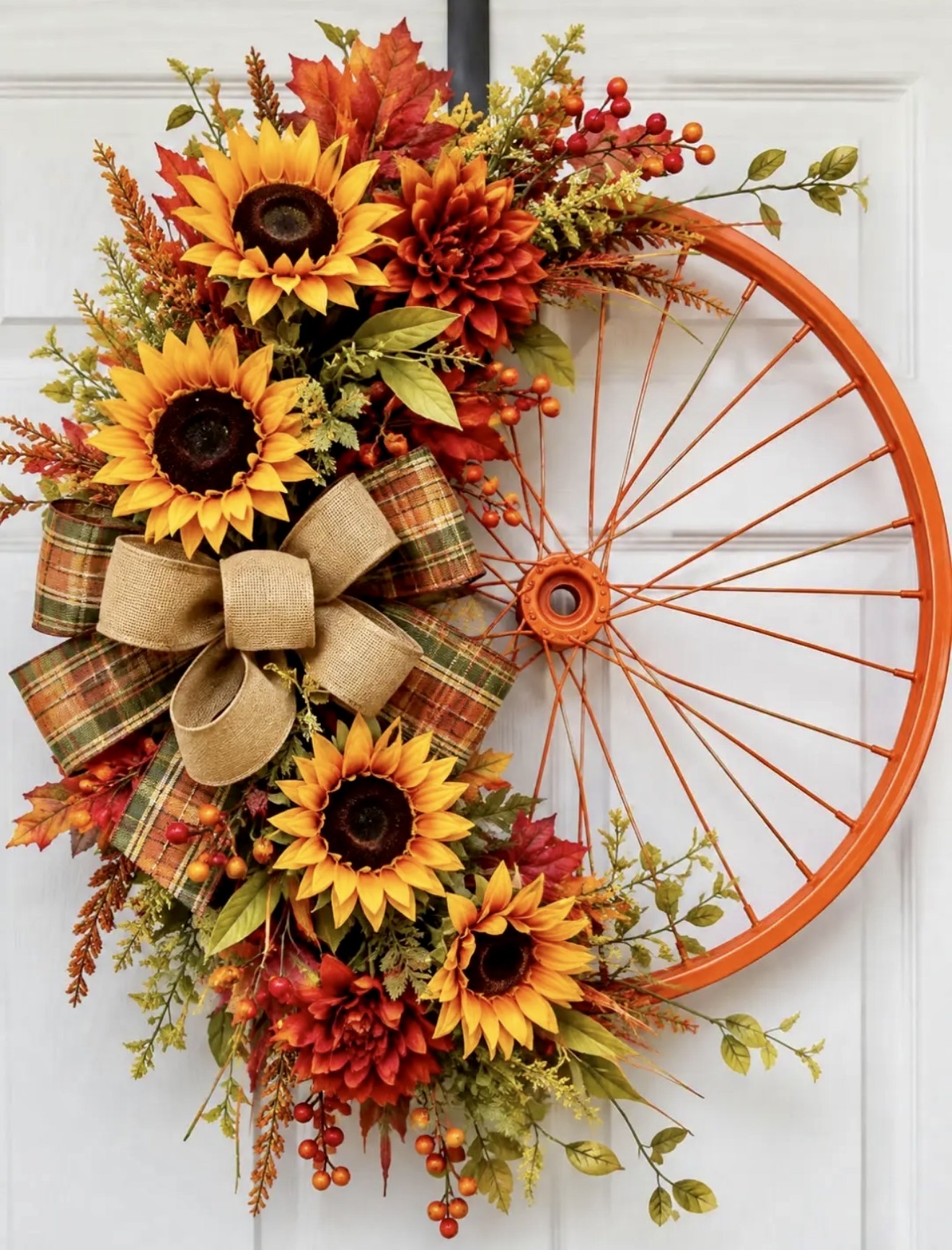 Rustic Sunflower and Berry Bicycle Wheel Wreath