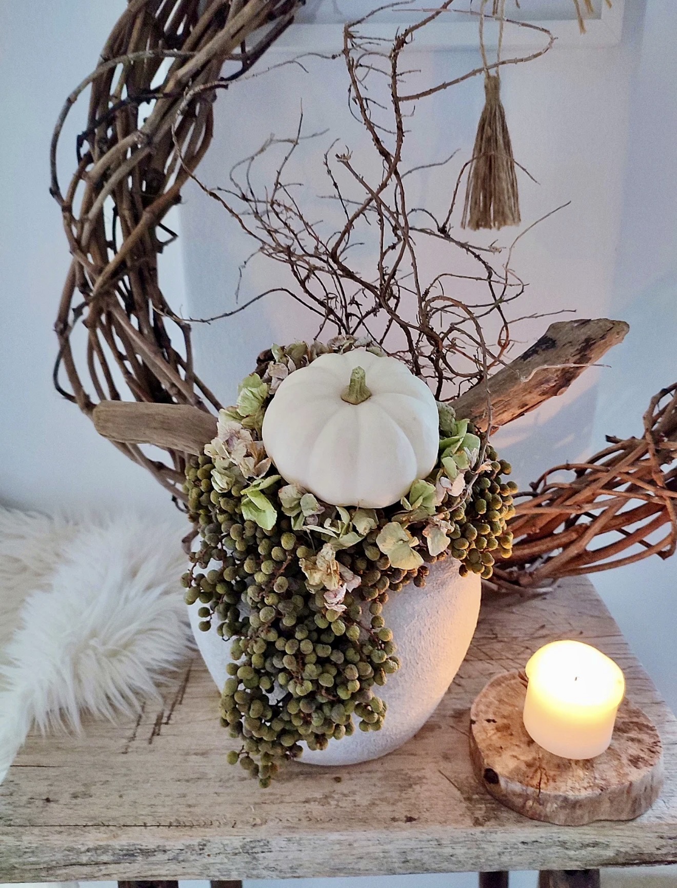Rustic White Pumpkin and Berry Fall Centerpiece