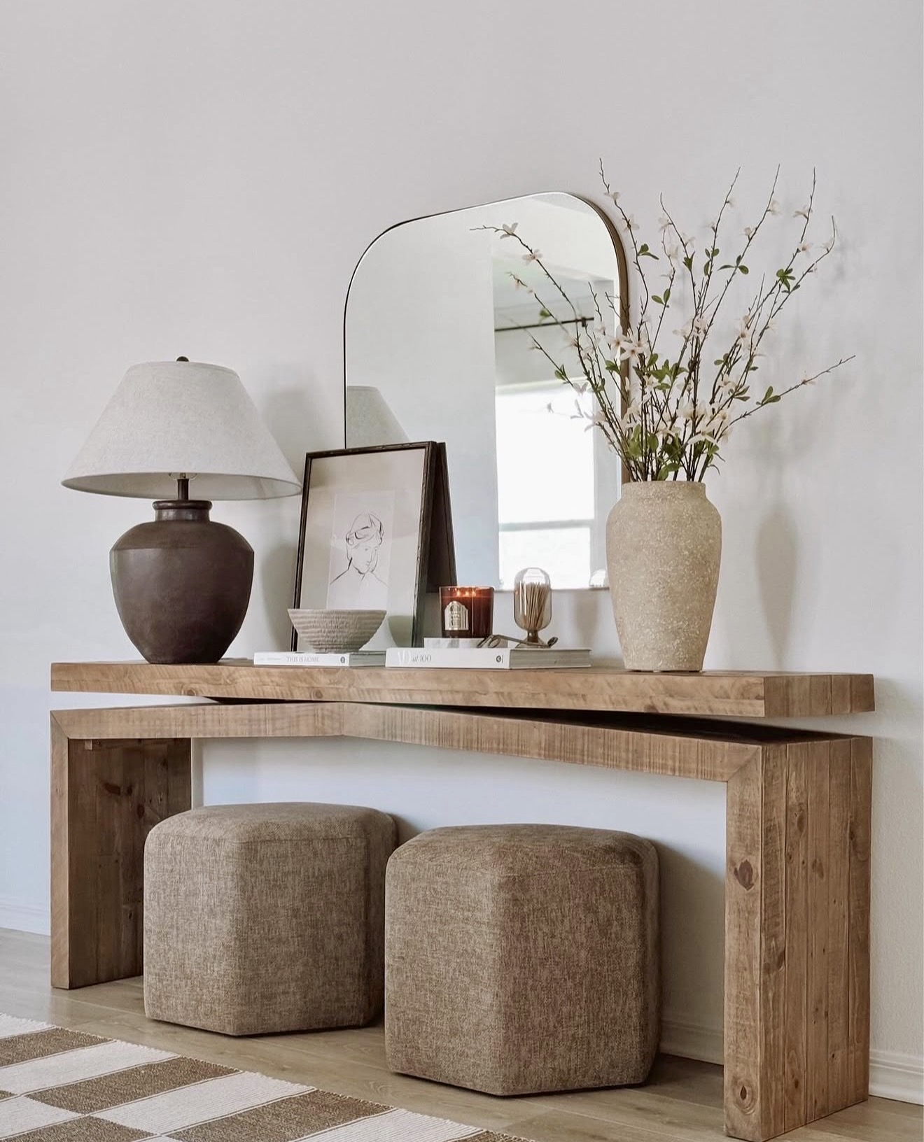 Rustic Wood Console With Neutral Poufs