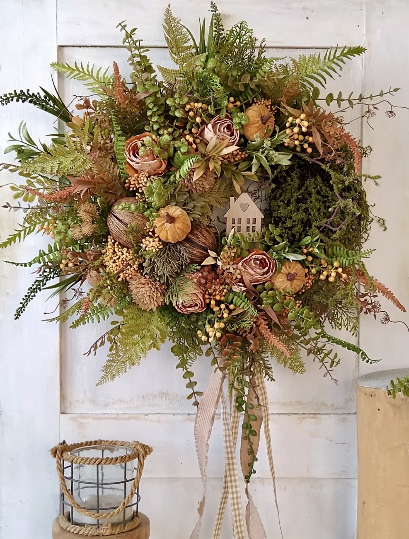 Rustic Woodland Fall Wreath With Tiny House Accent