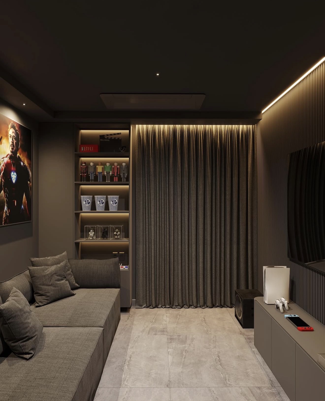 Sophisticated Charcoal Home Cinema With Ambient Lighting