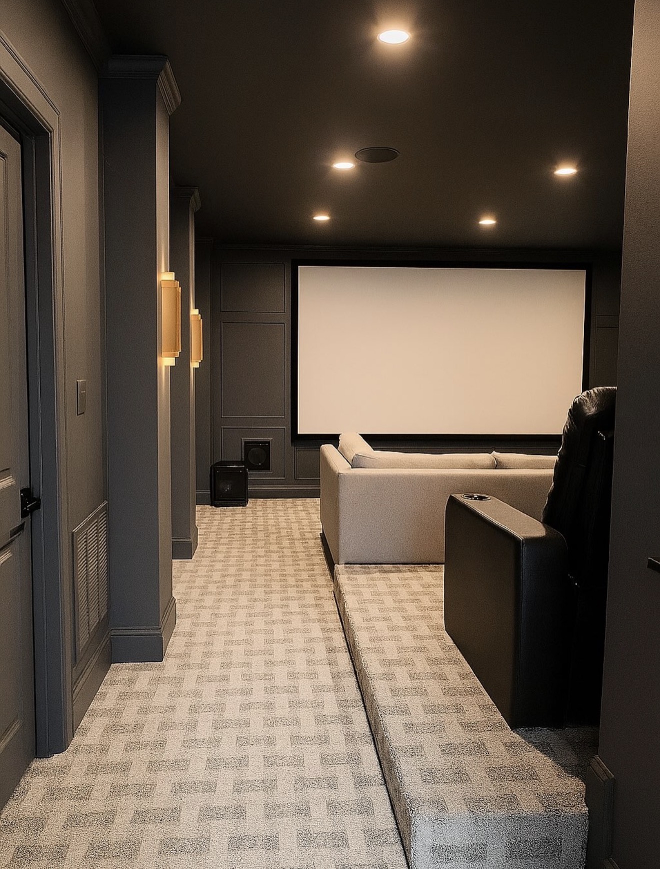 Sophisticated Charcoal Home Cinema With Tiered Seating