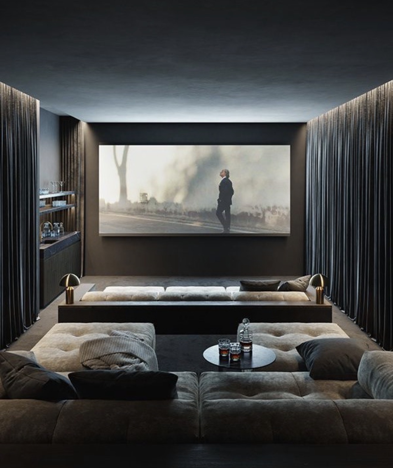 Sophisticated Charcoal Minimalist Home Cinema Lounge