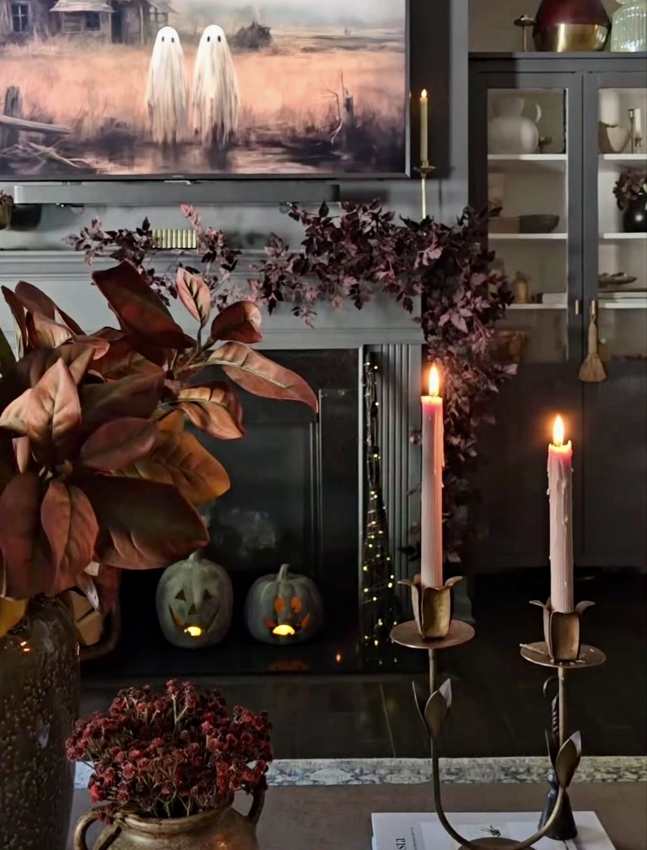 Spooky Ghost Art And Autumn Foliage Mantle