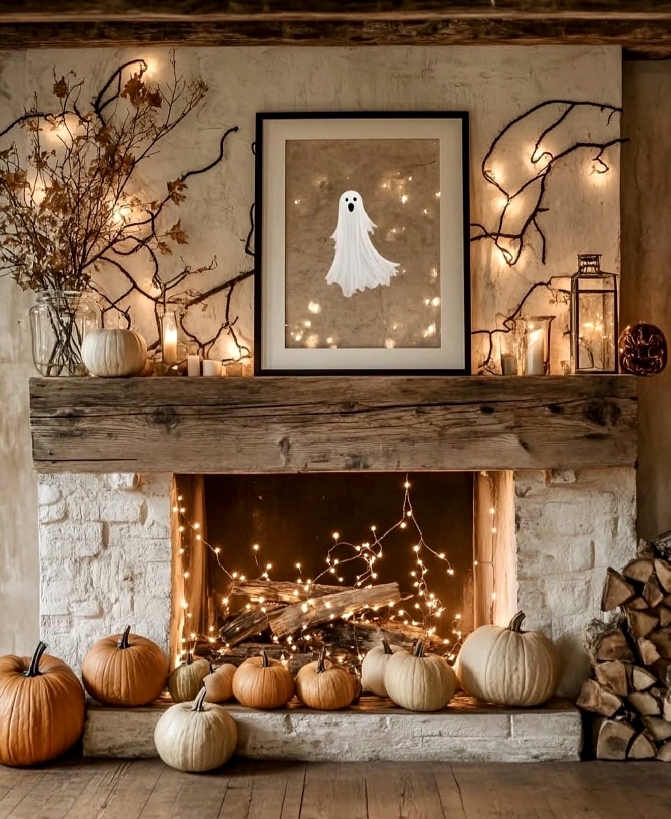 Spooky Ghost Art And Autumn Pumpkin Mantle