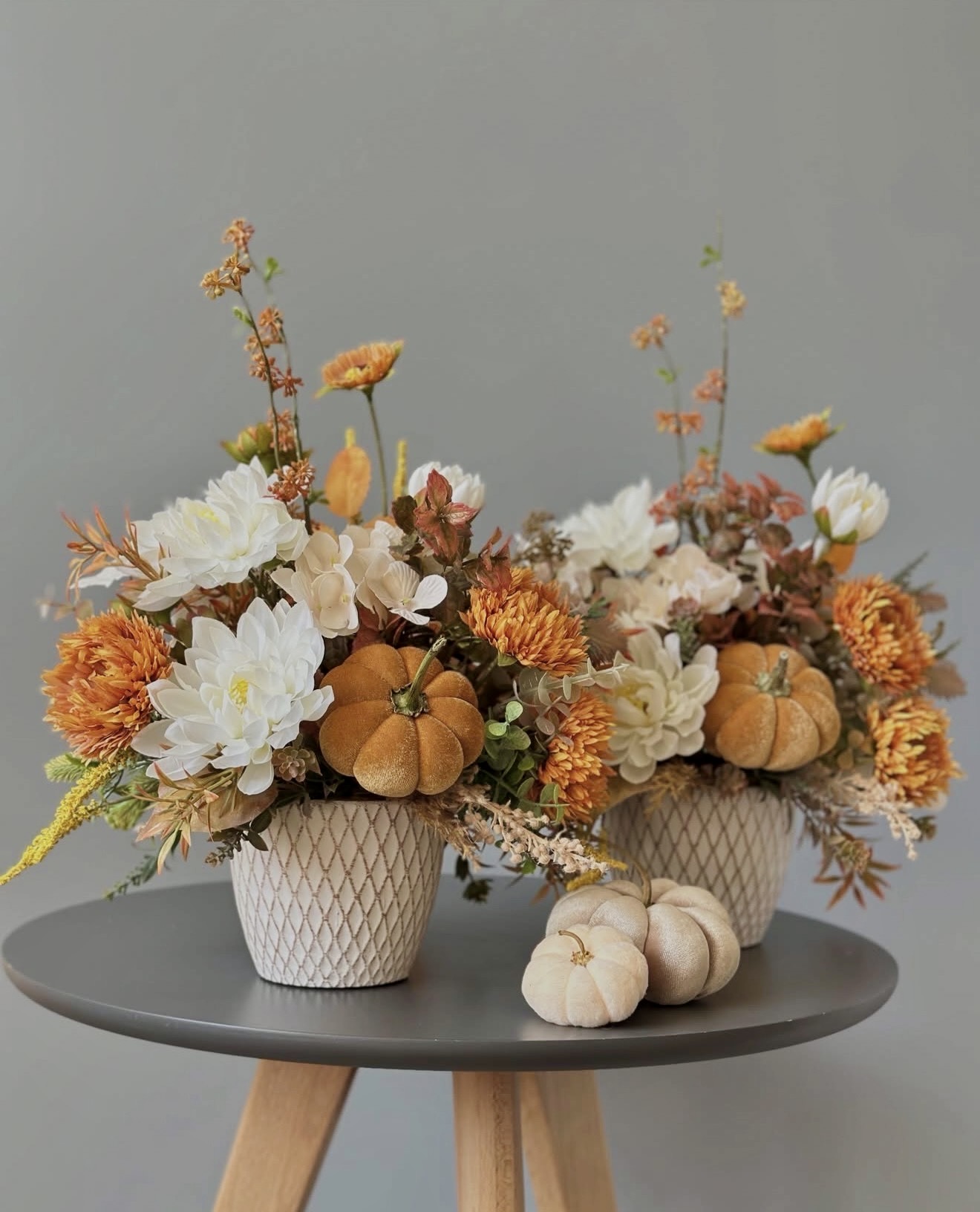 Velvet Pumpkin and Mum Fall Arrangements
