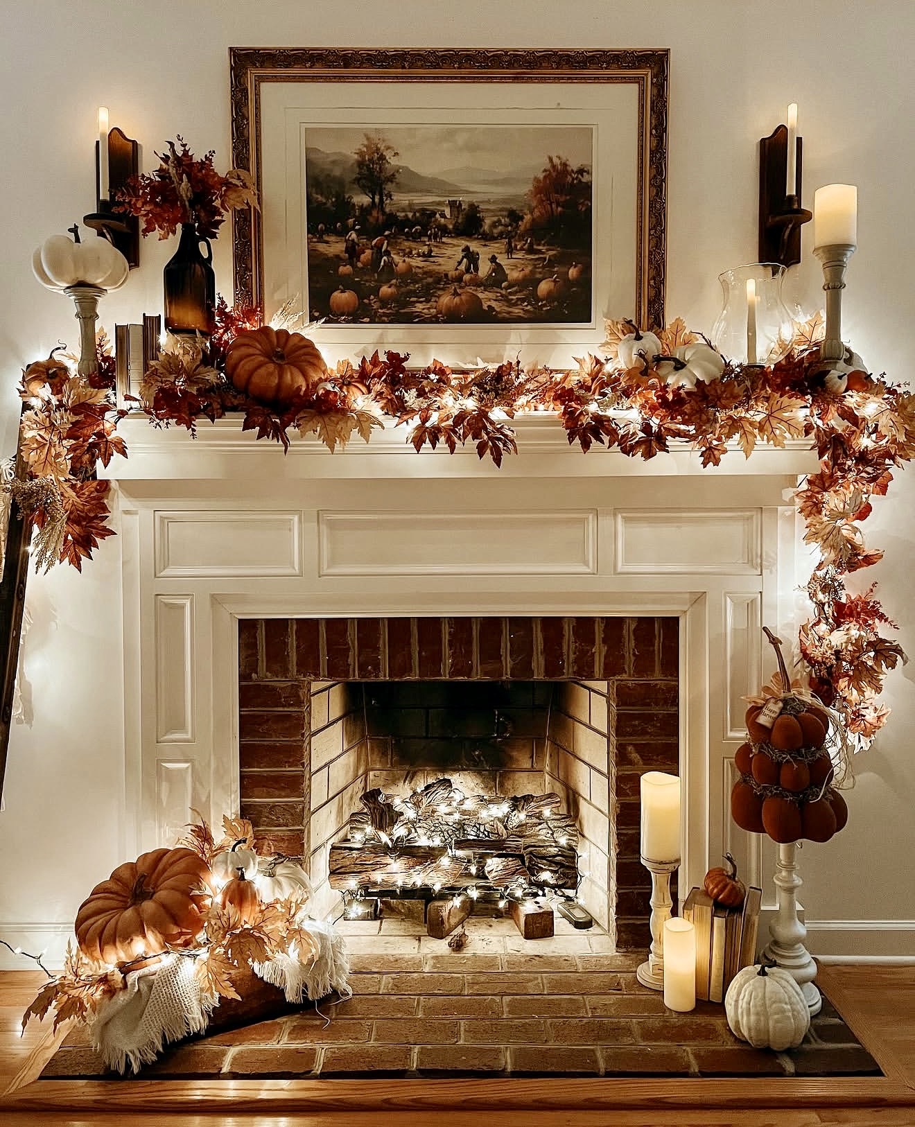 Warm Autumn Fireplace With Leaf Garland