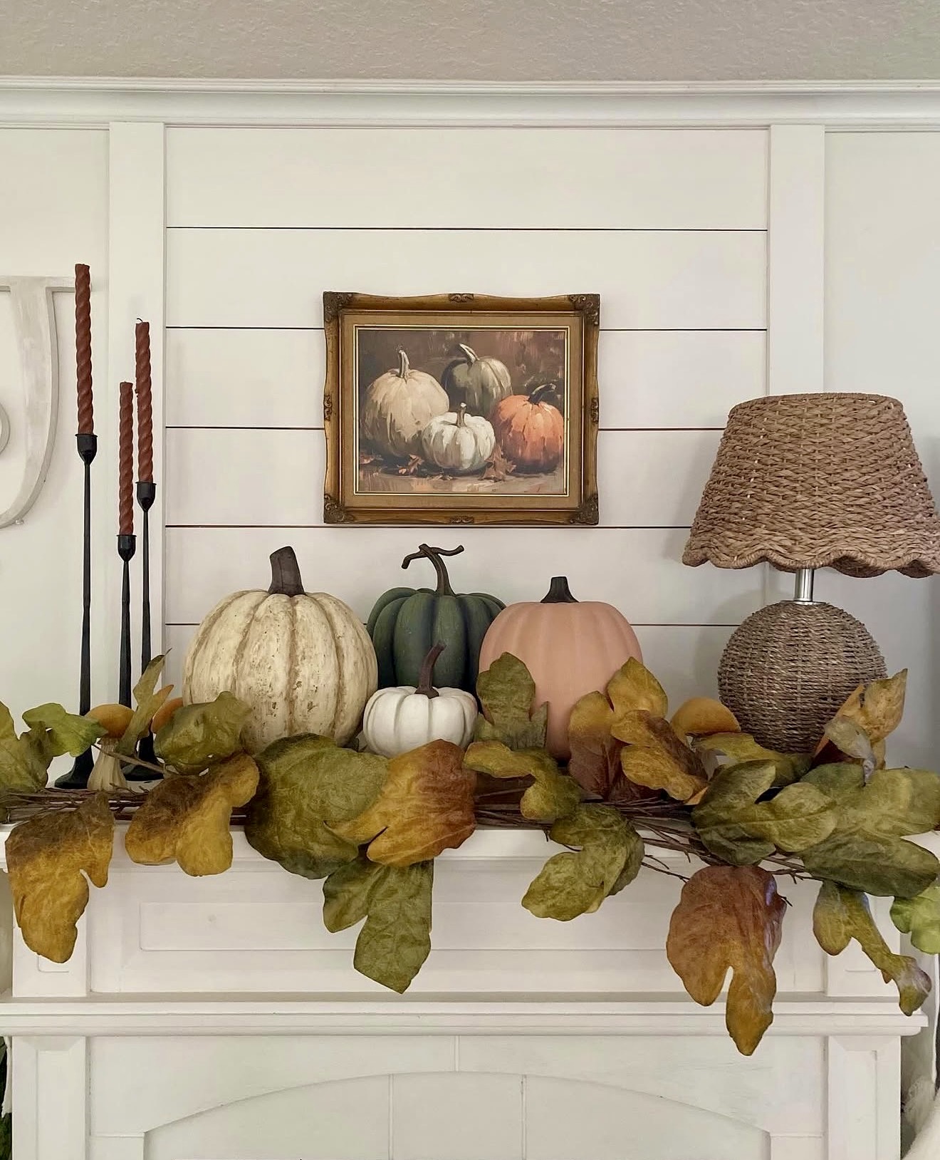 Warm Autumn Pumpkin Harvest Mantle Display