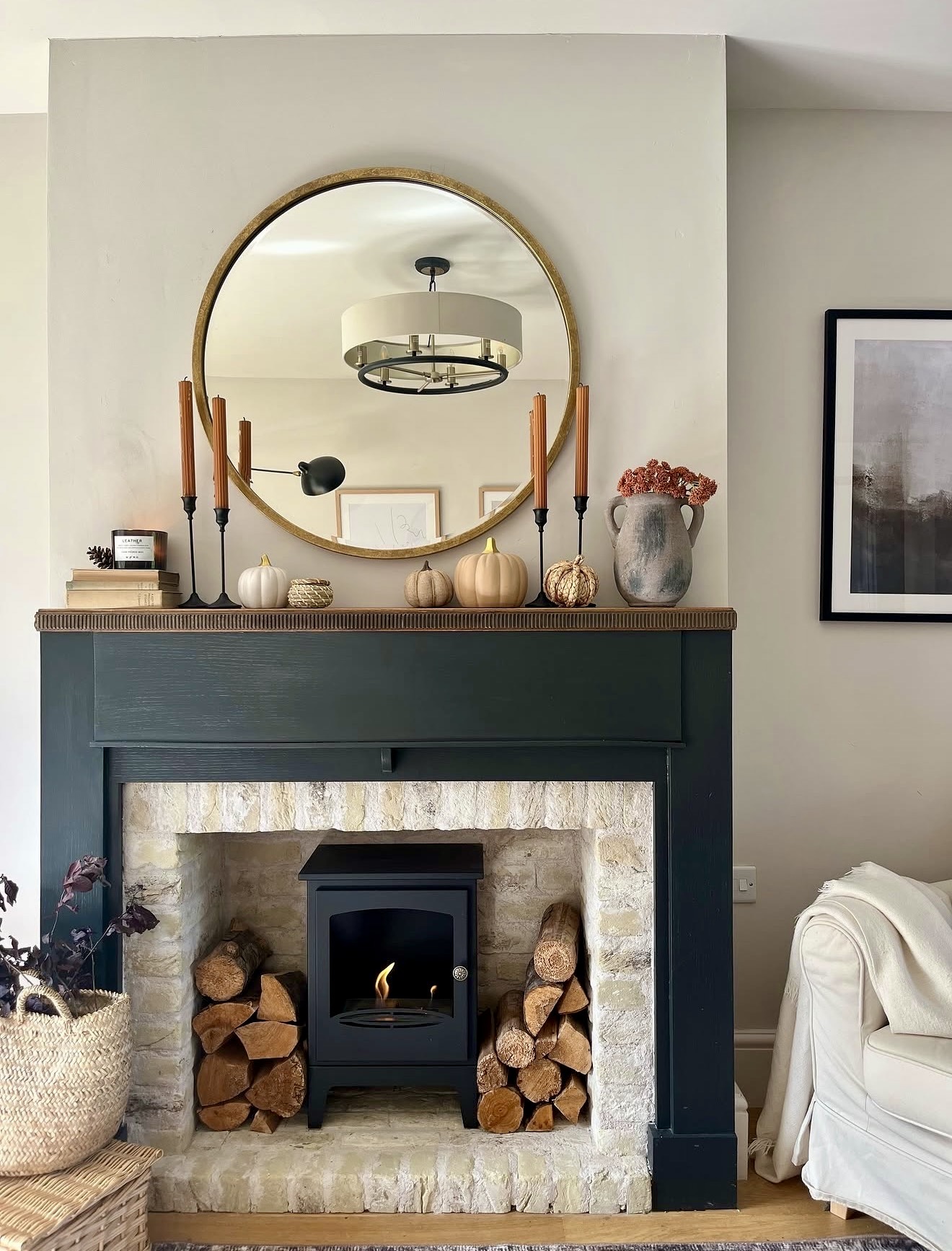 Warm Autumnal Fireplace With Pumpkins & Candles
