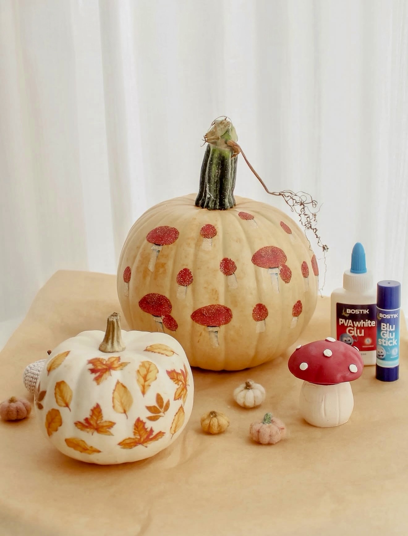 Whimsical Mushroom And Leaf Decorated Pumpkins