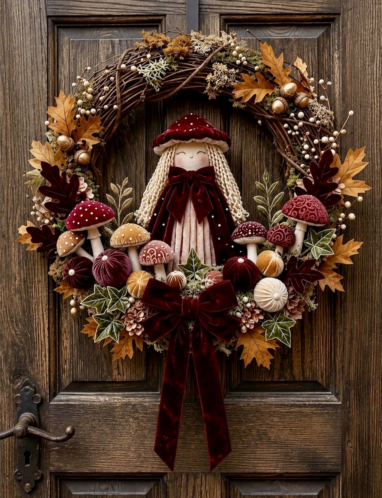 Whimsical Mushroom Girl Fall Wreath