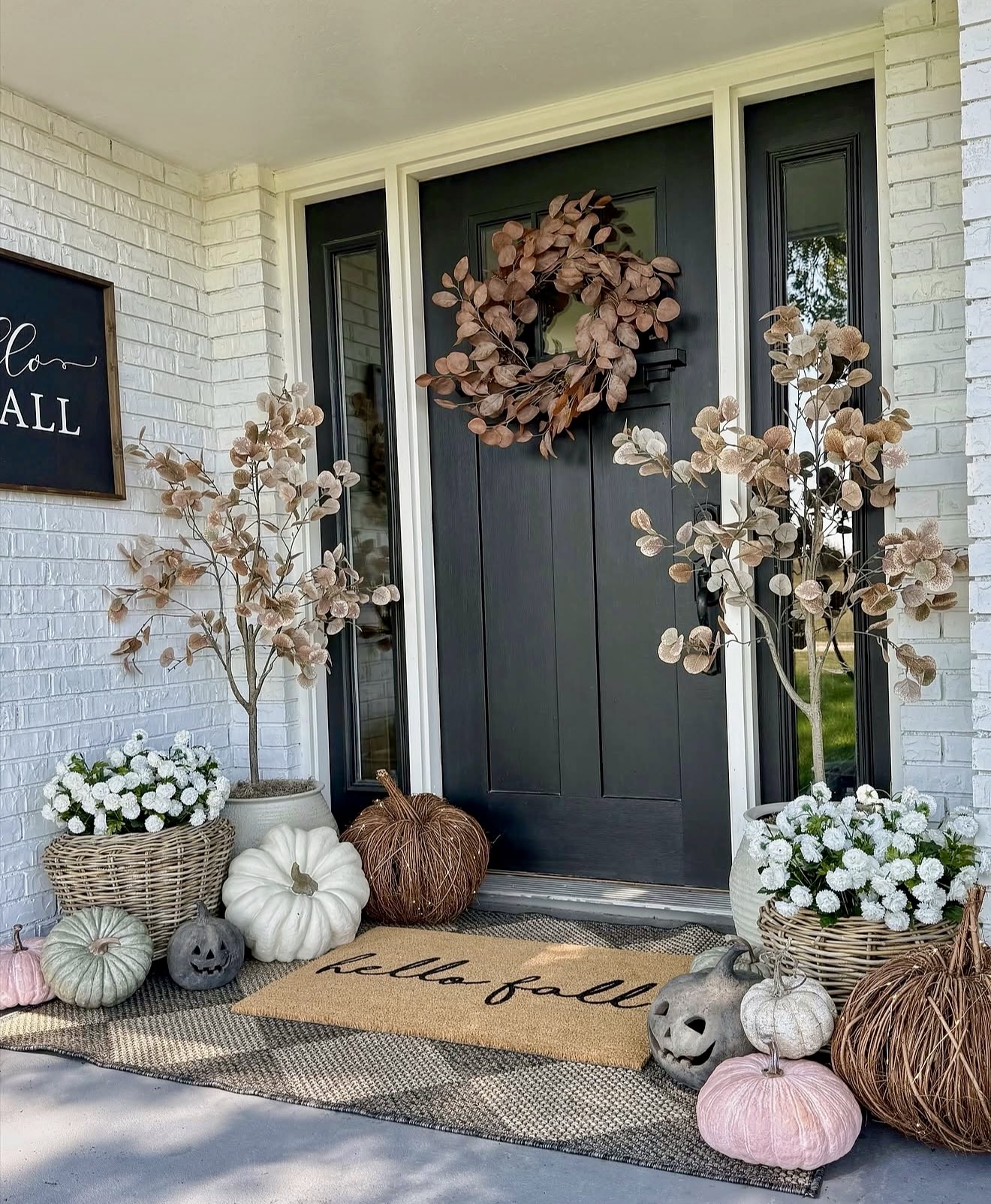 Charming Fall Porch With Neutral Pumpkins