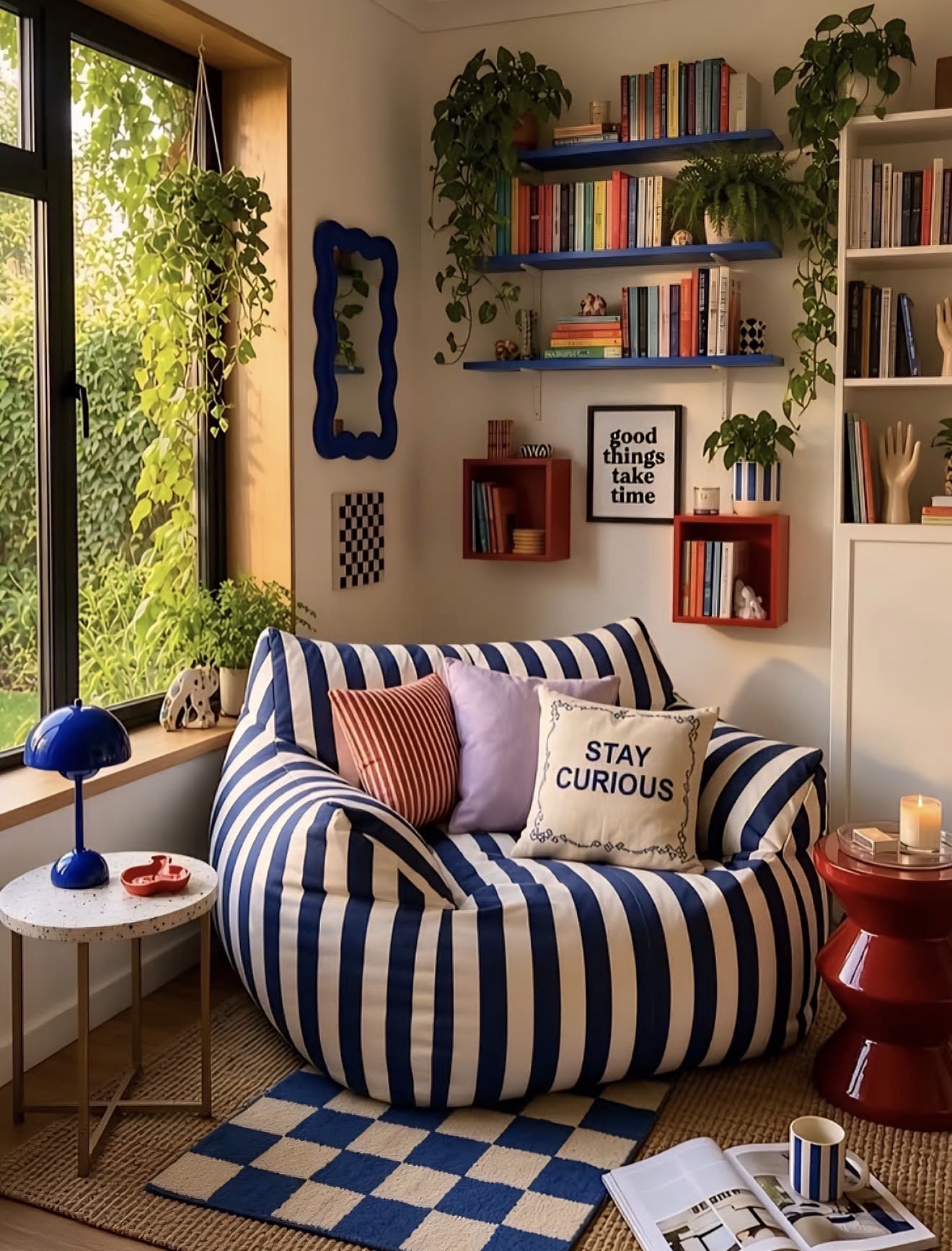 Cozy Blue Stripe Beanbag Reading Corner