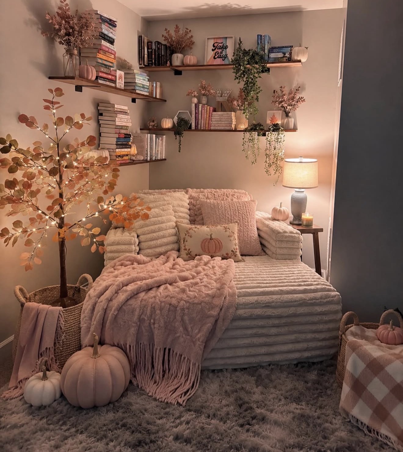 Cozy Blush Pink Fall Reading Nook