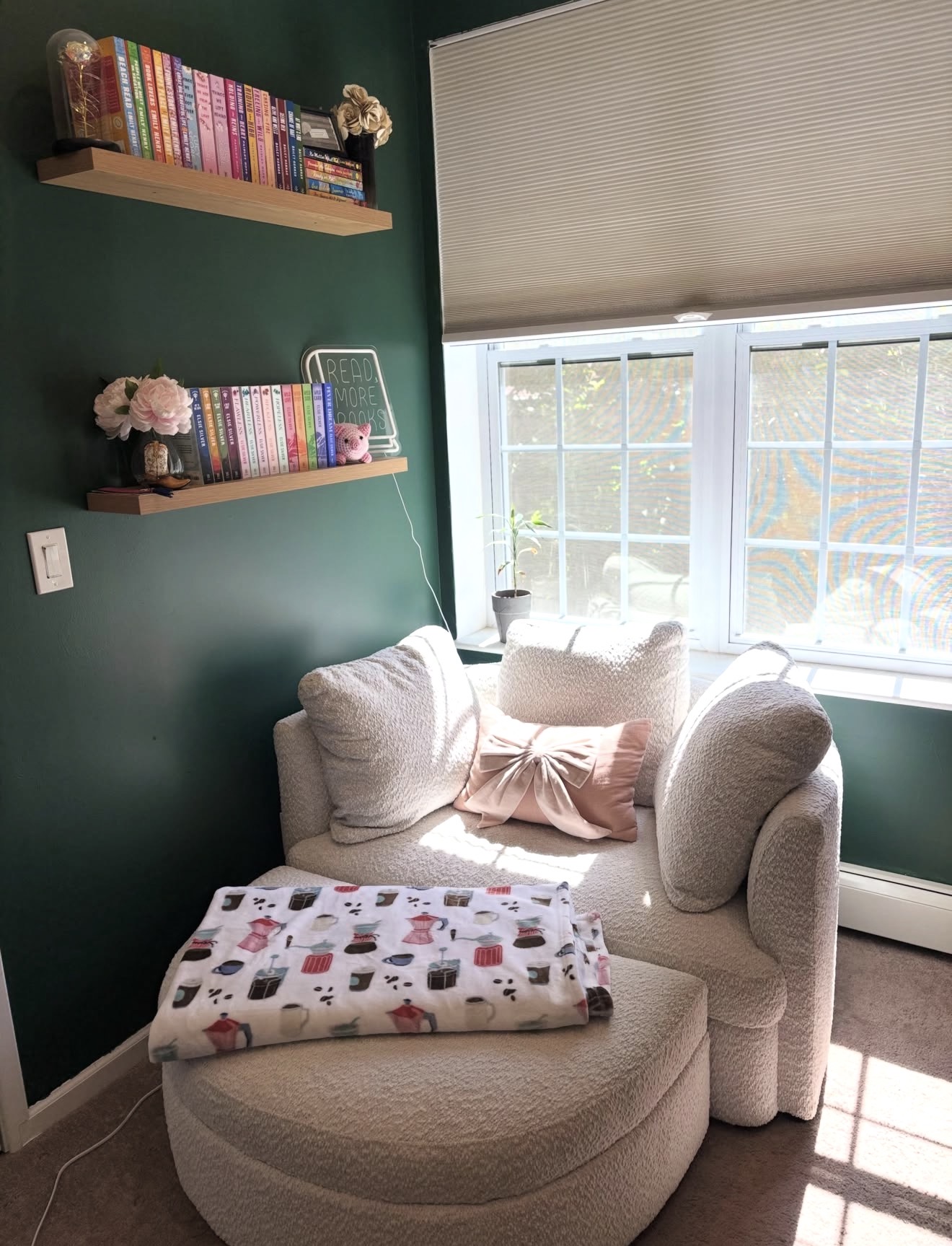 Cozy Boucle Nook With Forest Green Walls