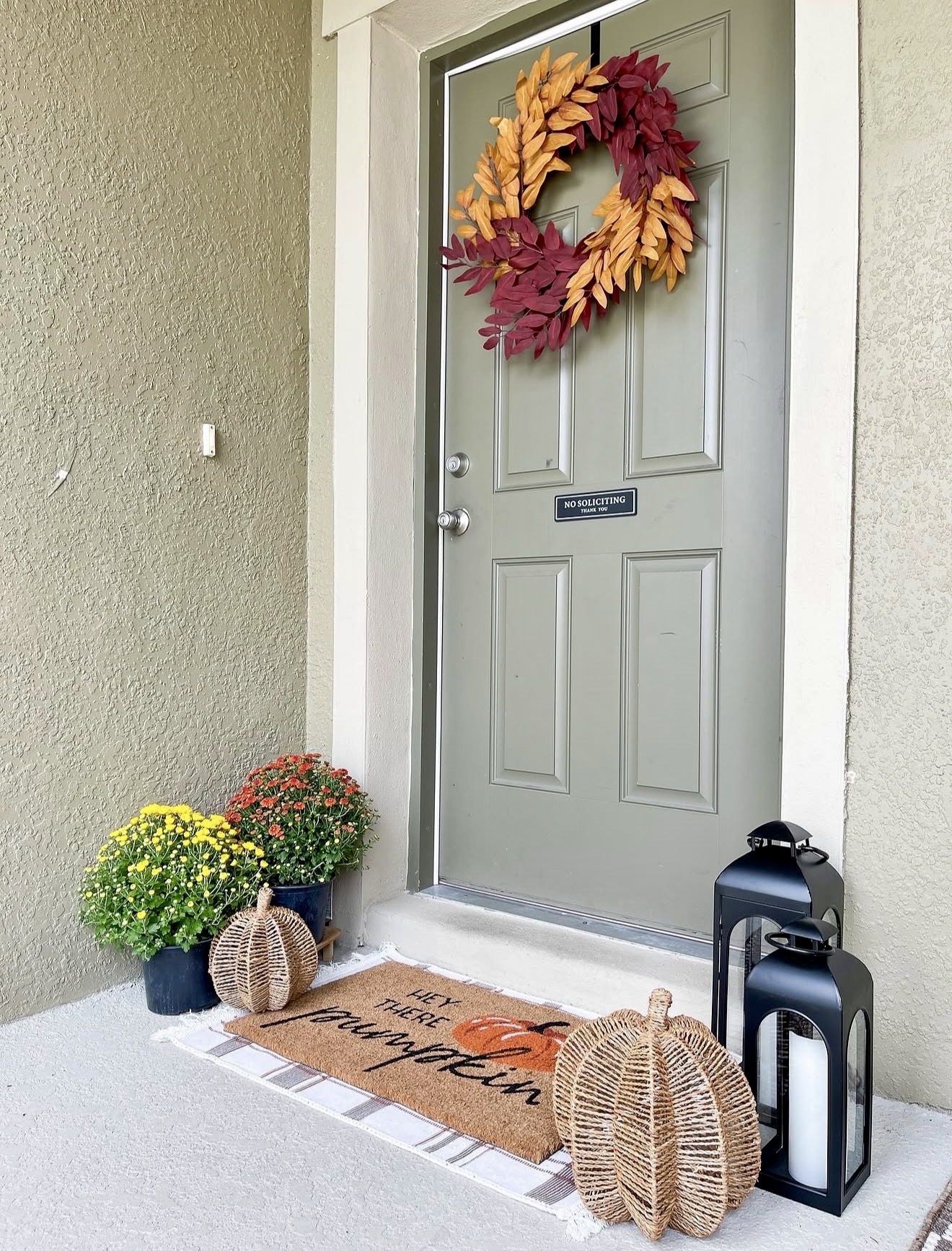 Cozy Fall Porch With Wreath and Pumpkins