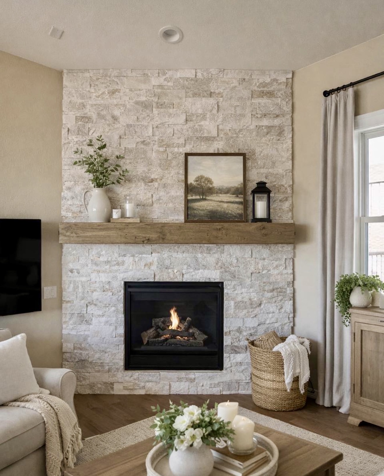 Cozy Farmhouse Stone Fireplace With Natural Wood Mantel
