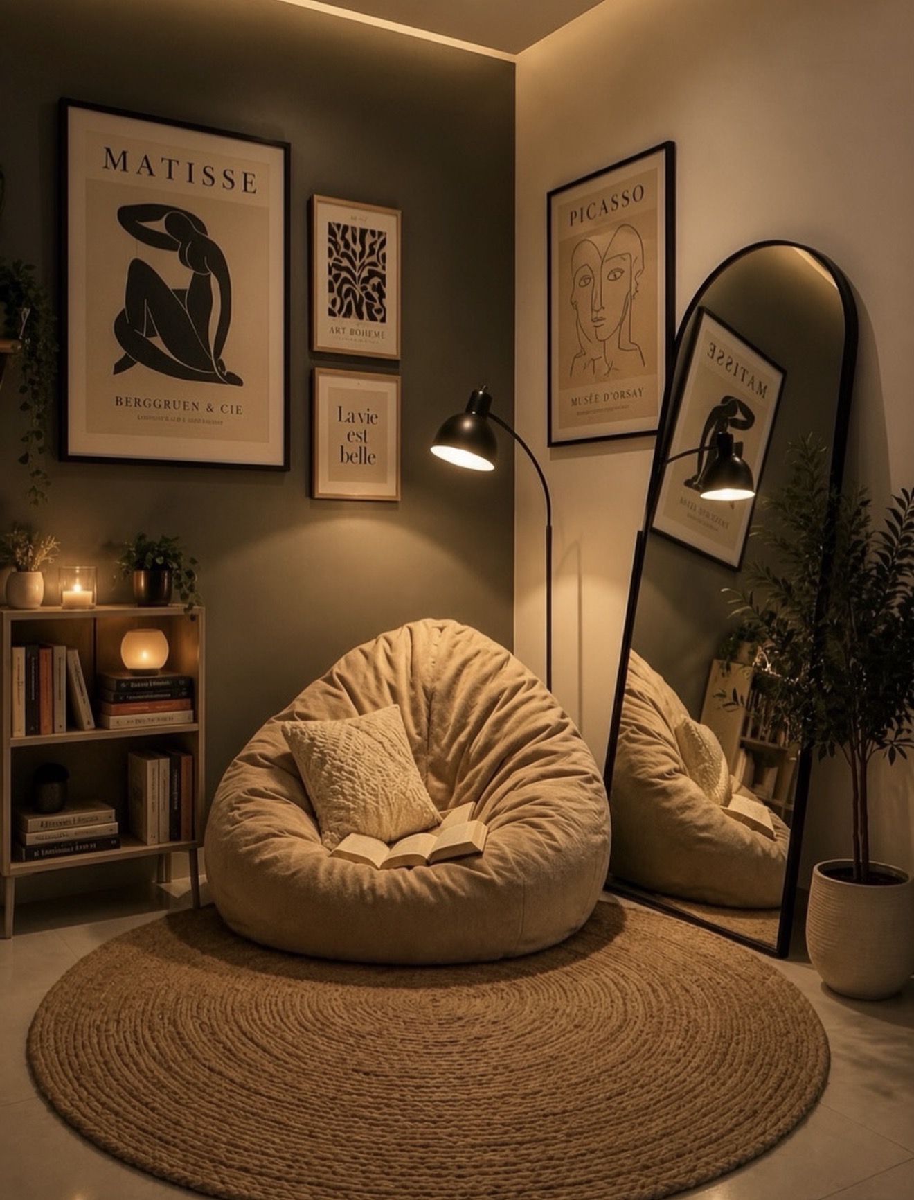 Cozy Neutral Bean Bag Reading Corner