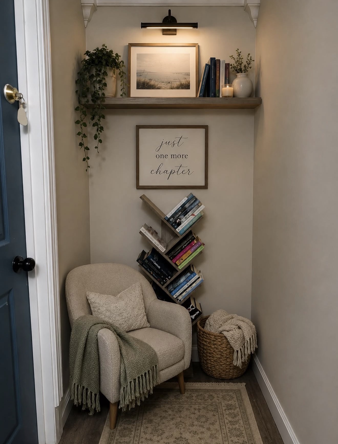 Cozy Neutral Reading Nook With Green Accents